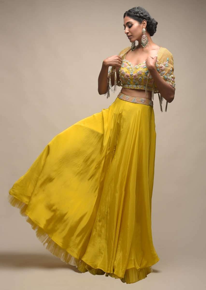 Sun Yellow Palazzo Suit With 3D Organza Flower Embellished Crop Top And Short Cape - Image 4