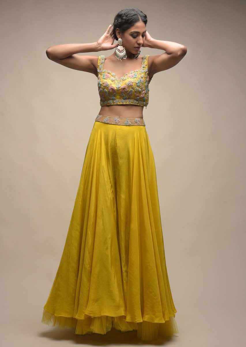 Sun Yellow Palazzo Suit With 3D Organza Flower Embellished Crop Top And Short Cape - Image 6