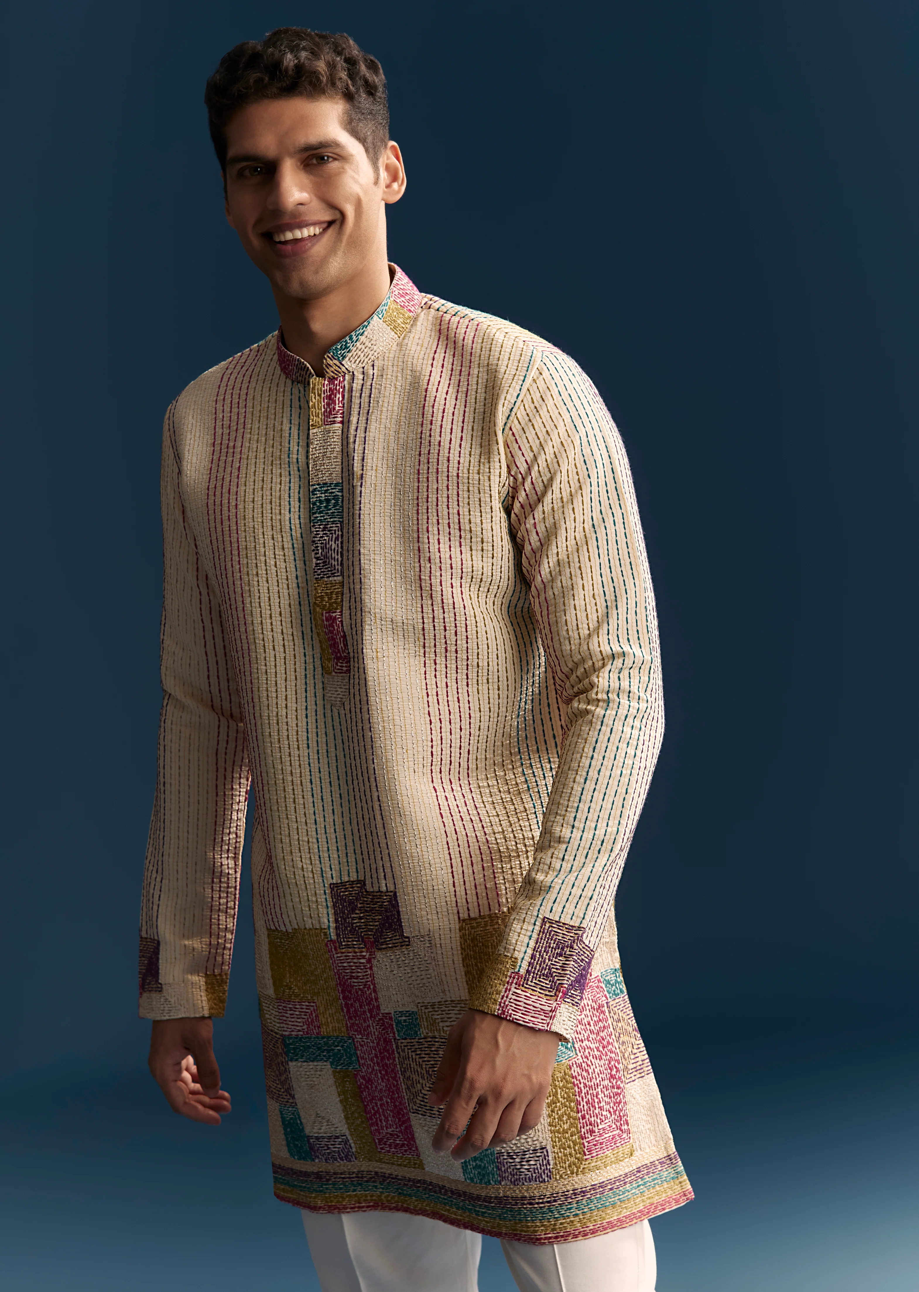 Sunlit Couple Set – Yellow-Beige Ombre Floral Kurta Set for Her And Multicolour Silk Thread Work Kurta Jacket Set for Him - Image 10