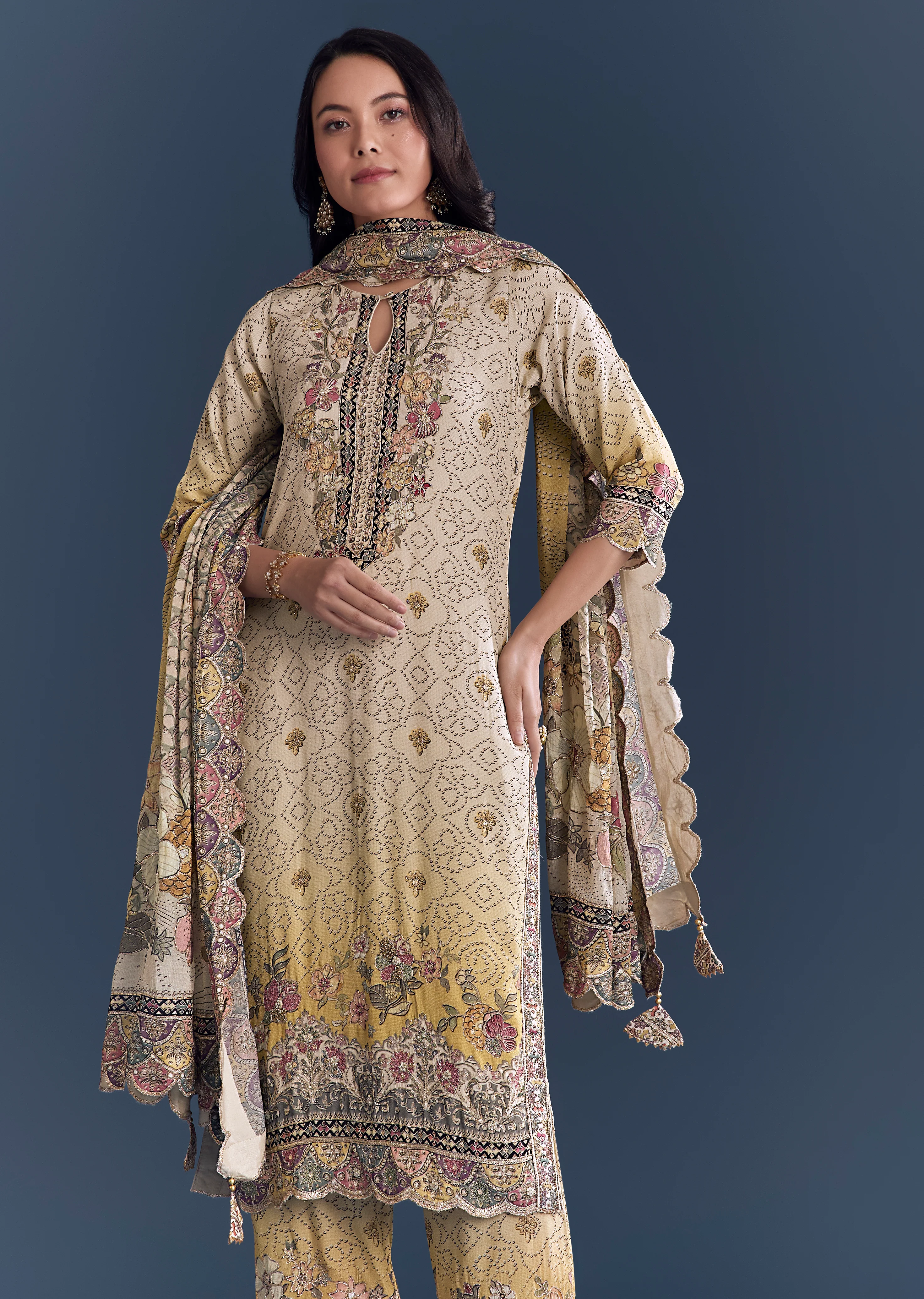 Sunlit Couple Set – Yellow-Beige Ombre Floral Kurta Set for Her And Multicolour Silk Thread Work Kurta Jacket Set for Him - Image 4
