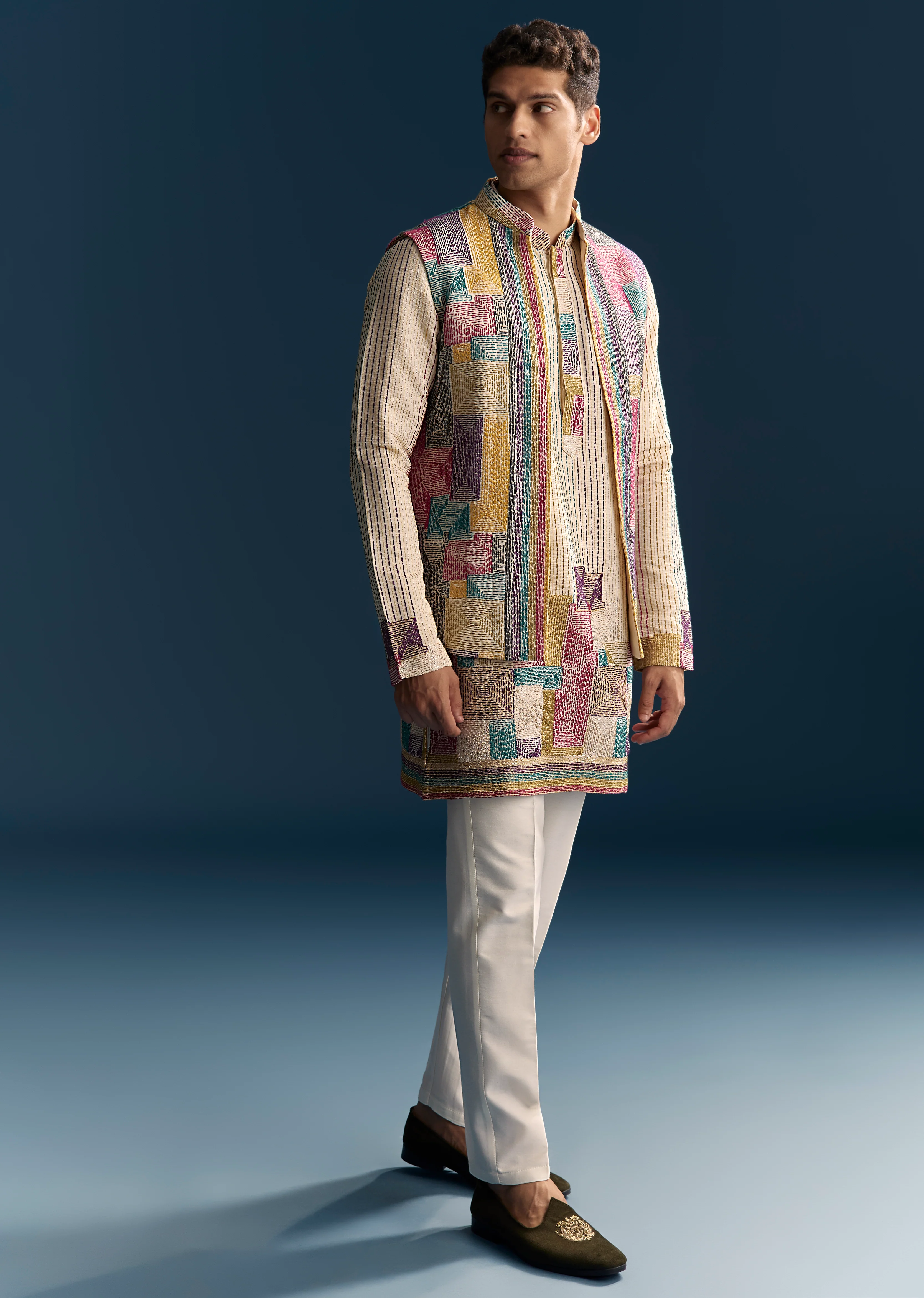 Sunlit Couple Set – Yellow-Beige Ombre Floral Kurta Set for Her And Multicolour Silk Thread Work Kurta Jacket Set for Him - Image 7