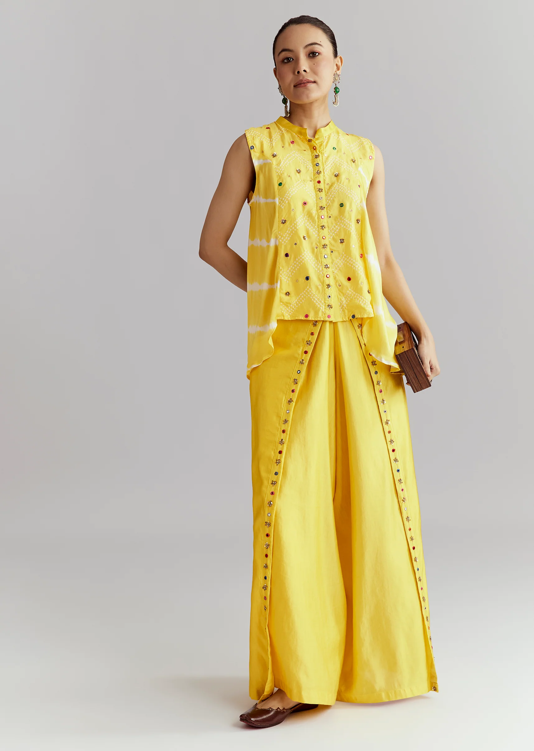 Sunlit Festive Couple Set – Yellow Satin Indo-Western Set For Her And Yellow Bandhani Shibori Kurta Set For Him - Image 3