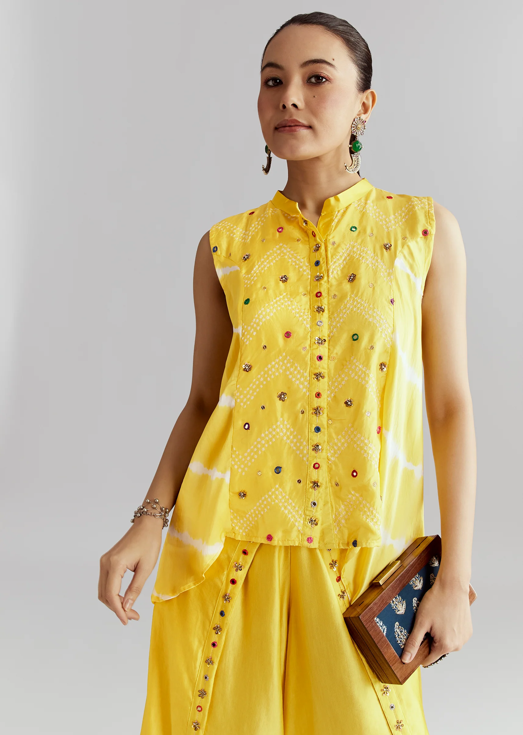 Sunlit Festive Couple Set – Yellow Satin Indo-Western Set For Her And Yellow Bandhani Shibori Kurta Set For Him - Image 4