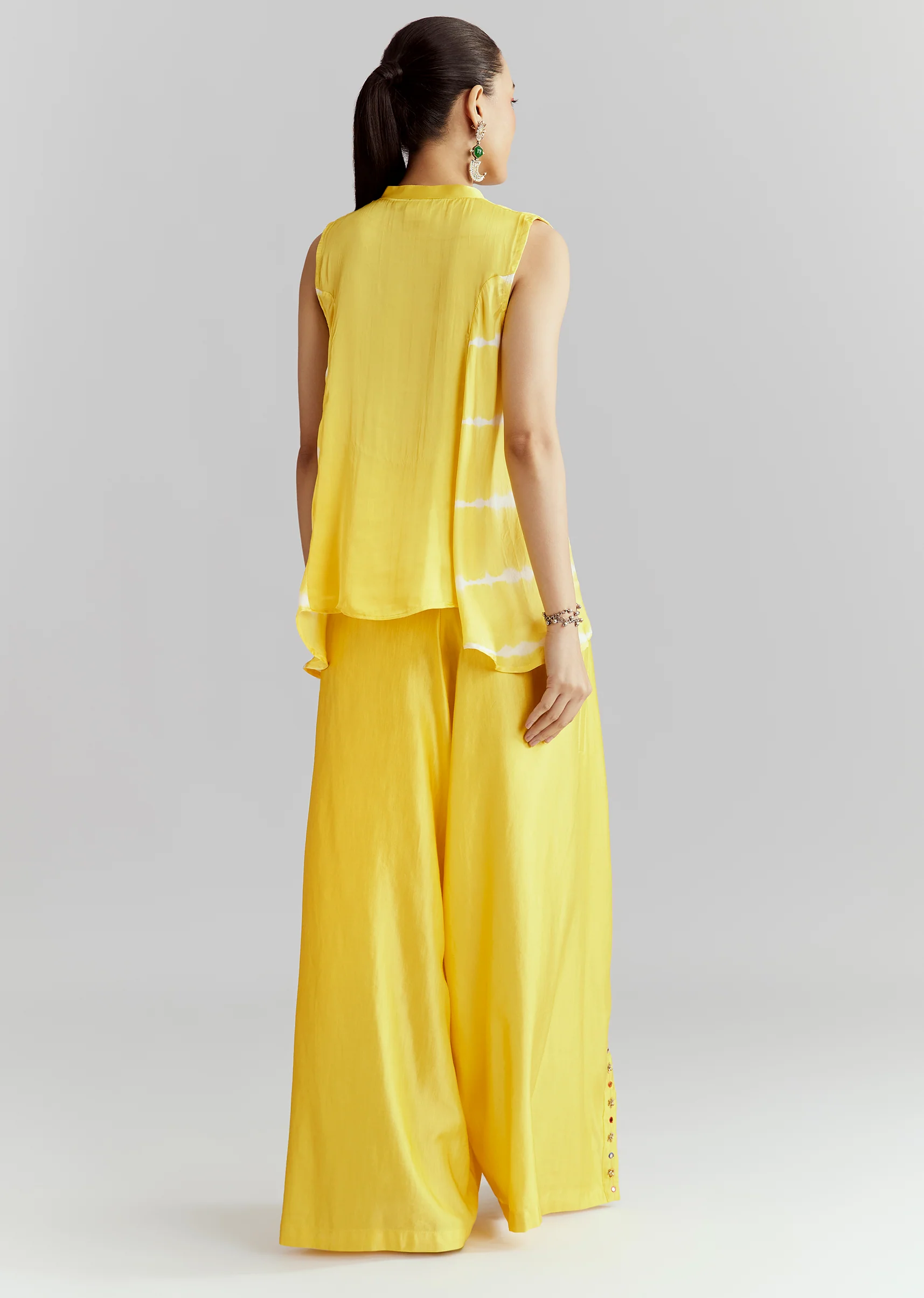 Sunlit Festive Couple Set – Yellow Satin Indo-Western Set For Her And Yellow Bandhani Shibori Kurta Set For Him - Image 5