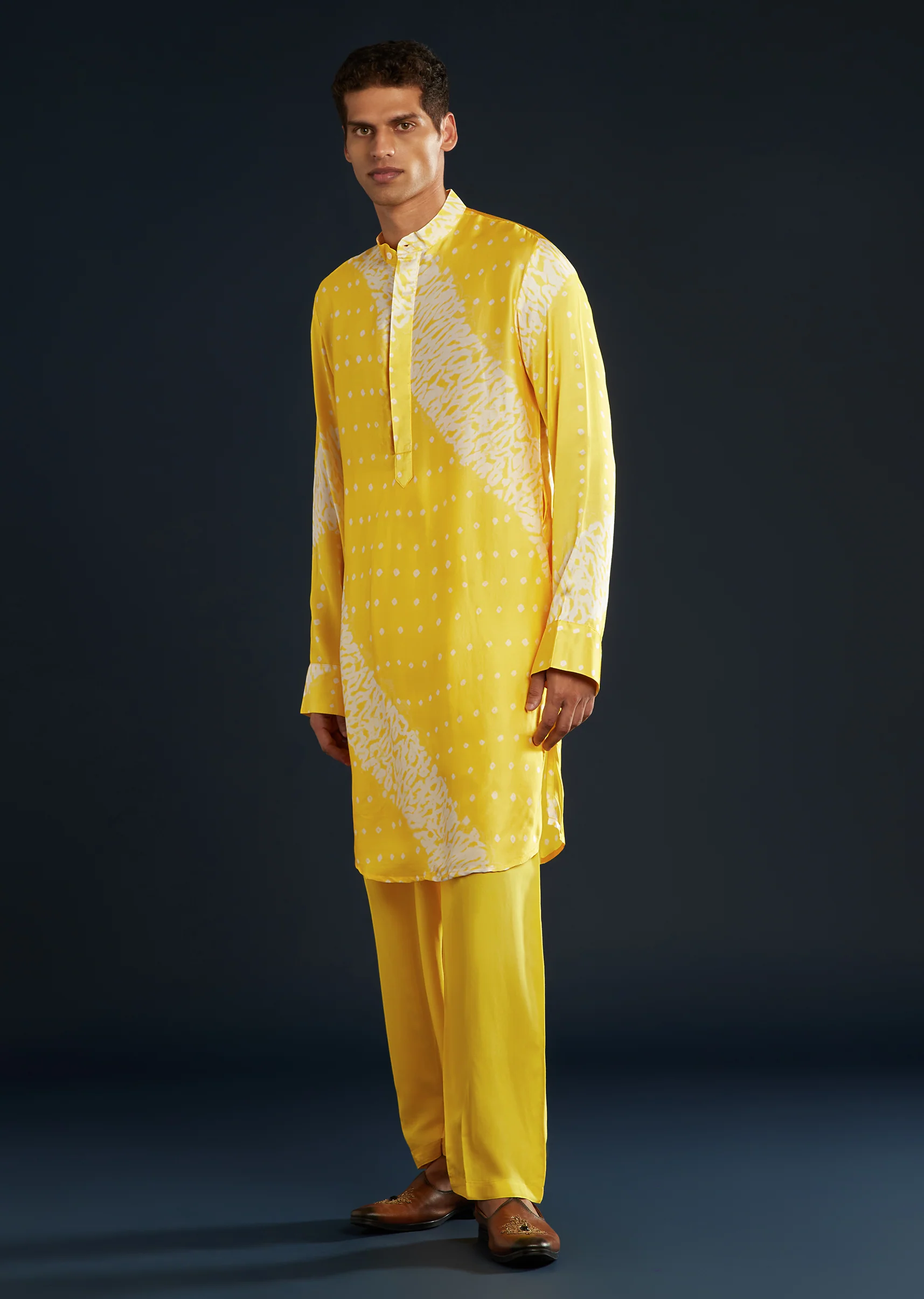 Sunlit Festive Couple Set – Yellow Satin Indo-Western Set For Her And Yellow Bandhani Shibori Kurta Set For Him - Image 7