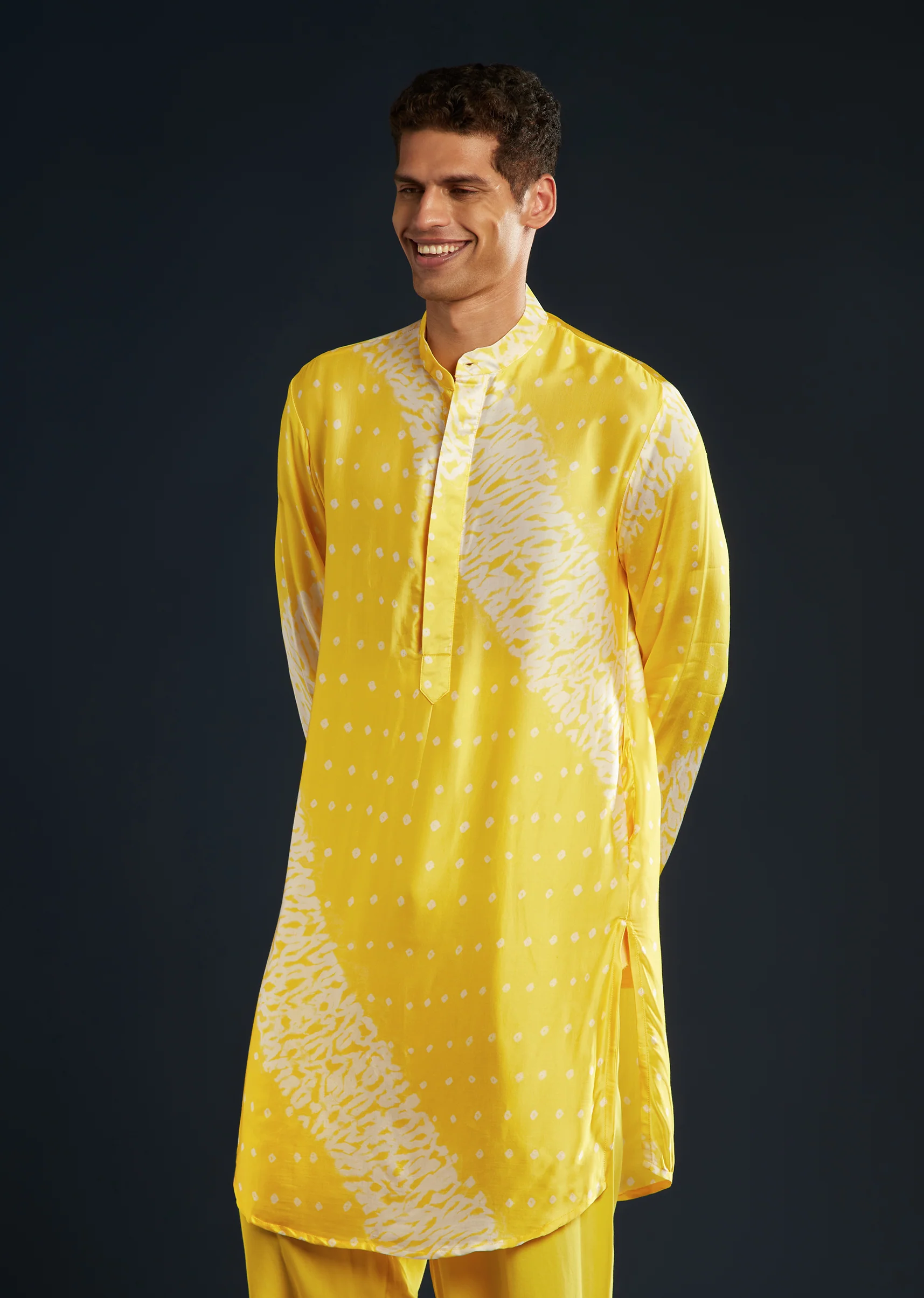 Sunlit Festive Couple Set – Yellow Satin Indo-Western Set For Her And Yellow Bandhani Shibori Kurta Set For Him - Image 8