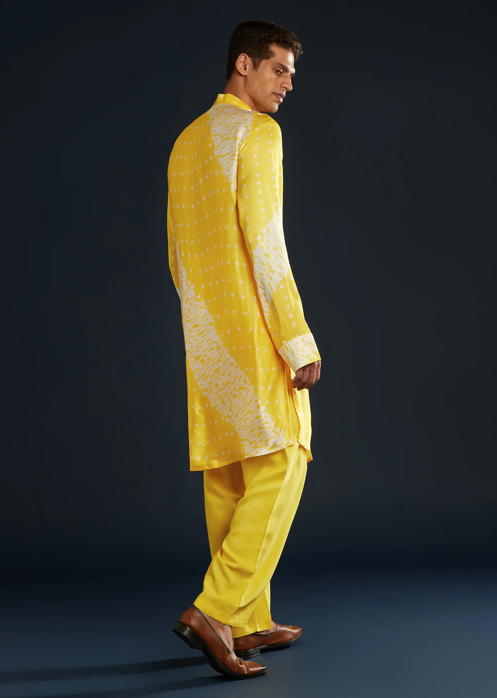 Sunlit Festive Couple Set – Yellow Satin Indo-Western Set For Her And Yellow Bandhani Shibori Kurta Set For Him - Image 9