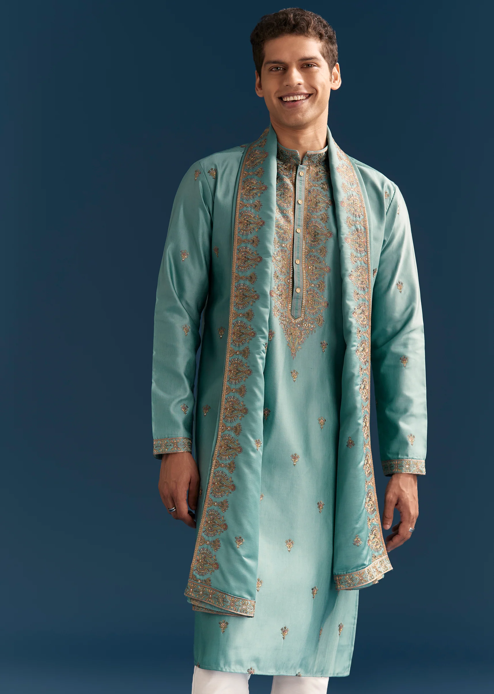 Sunshine Duo Couple Set – Yellow Georgette Bridesmaid Lehenga for Her And Blue Silk Thread Embroidered Kurta Set for Him - Image 9