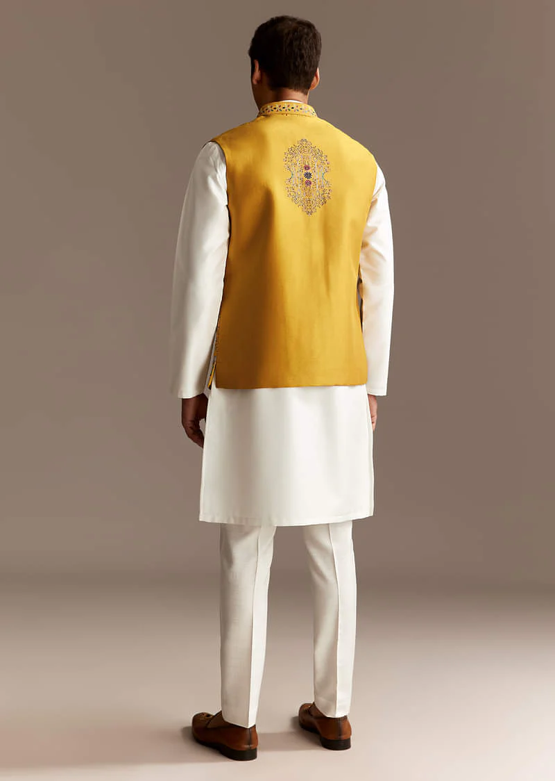 Sunshine Yellow Cutwork Kurta Jacket Set - Image 5