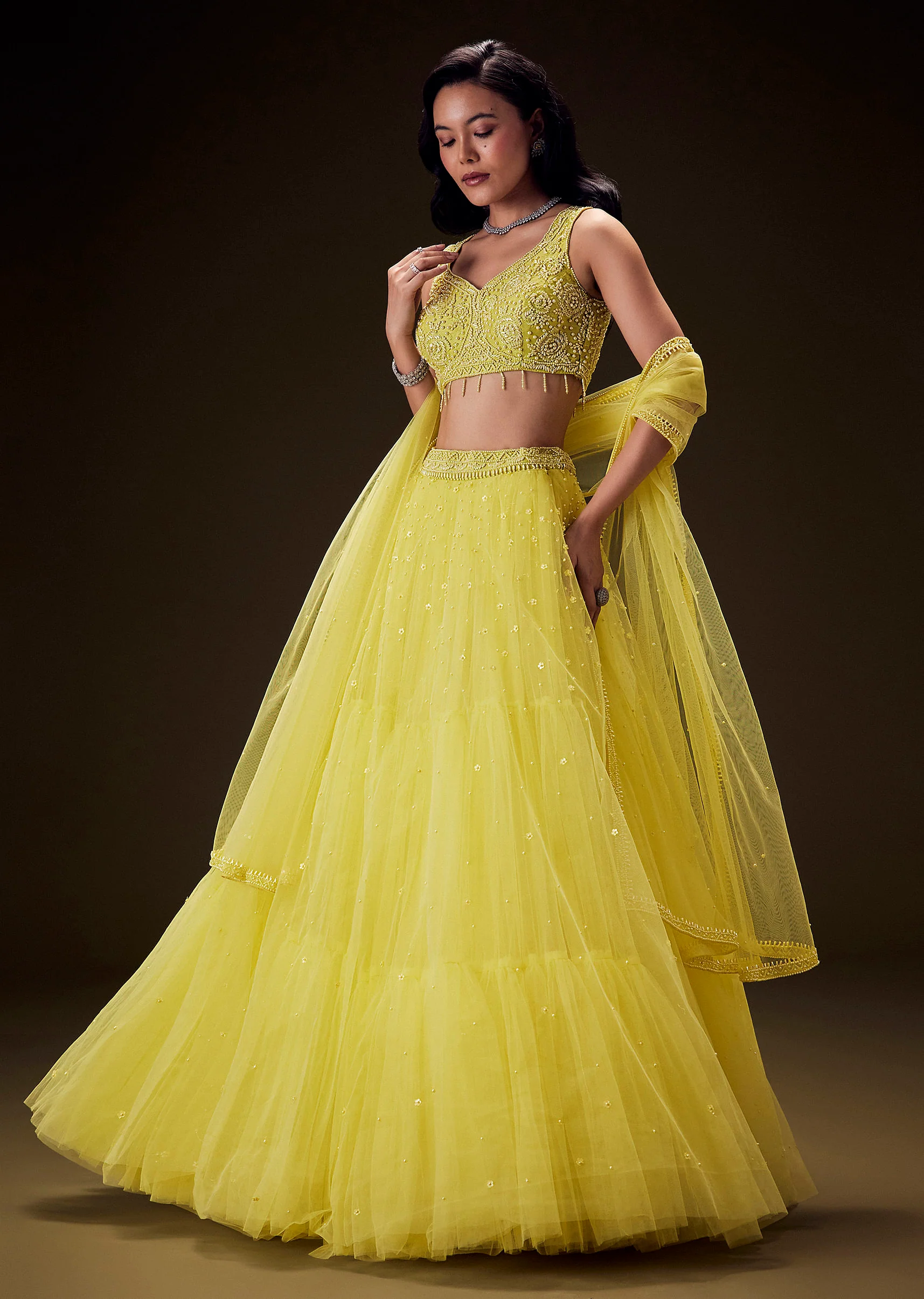 Sunshine Yellow Net Hand Embroided Pearl Work Lehenga Set - Image 5