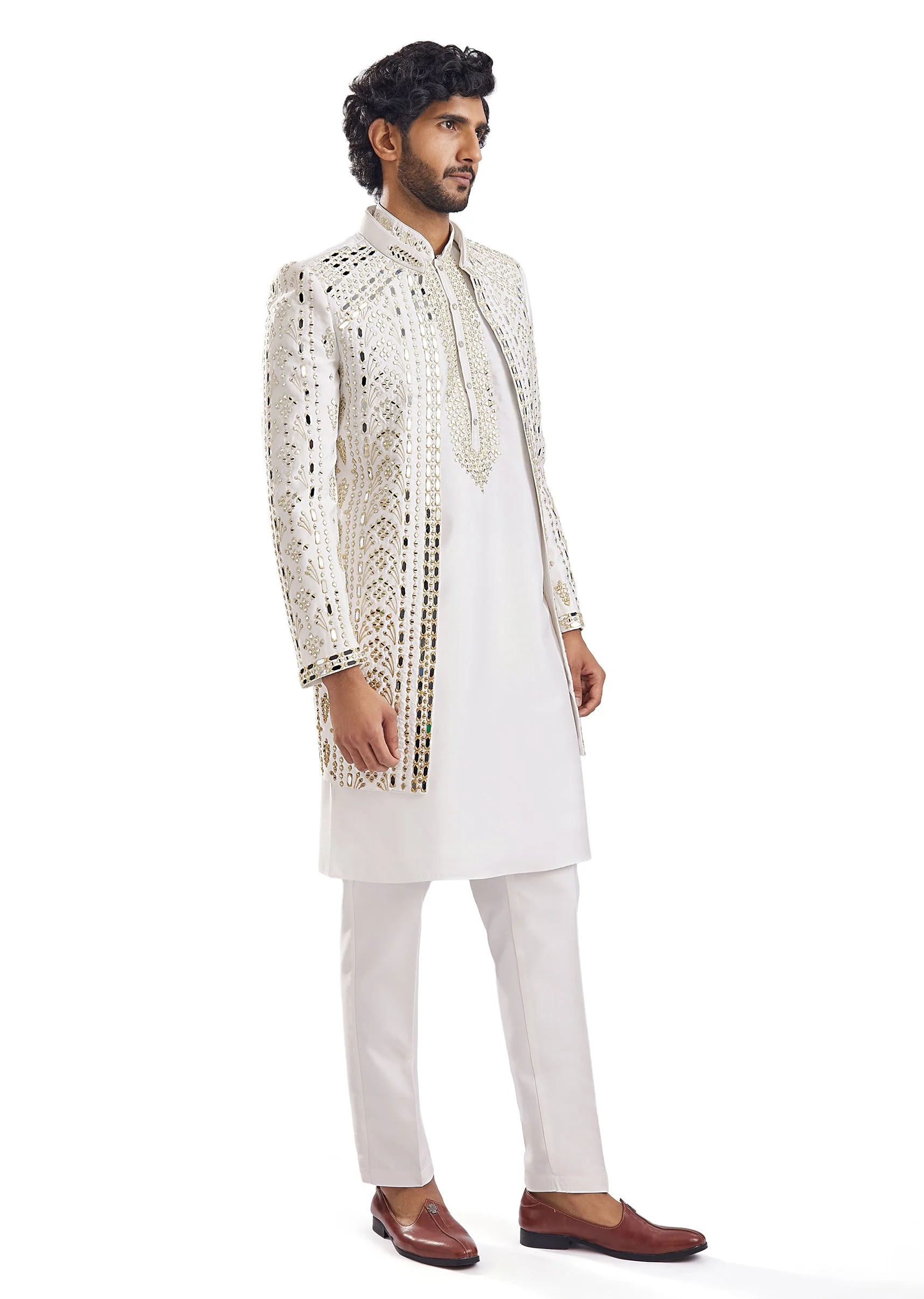 Sunshine Yellow Thread Mirror Groomsman Sherwani - Image 3