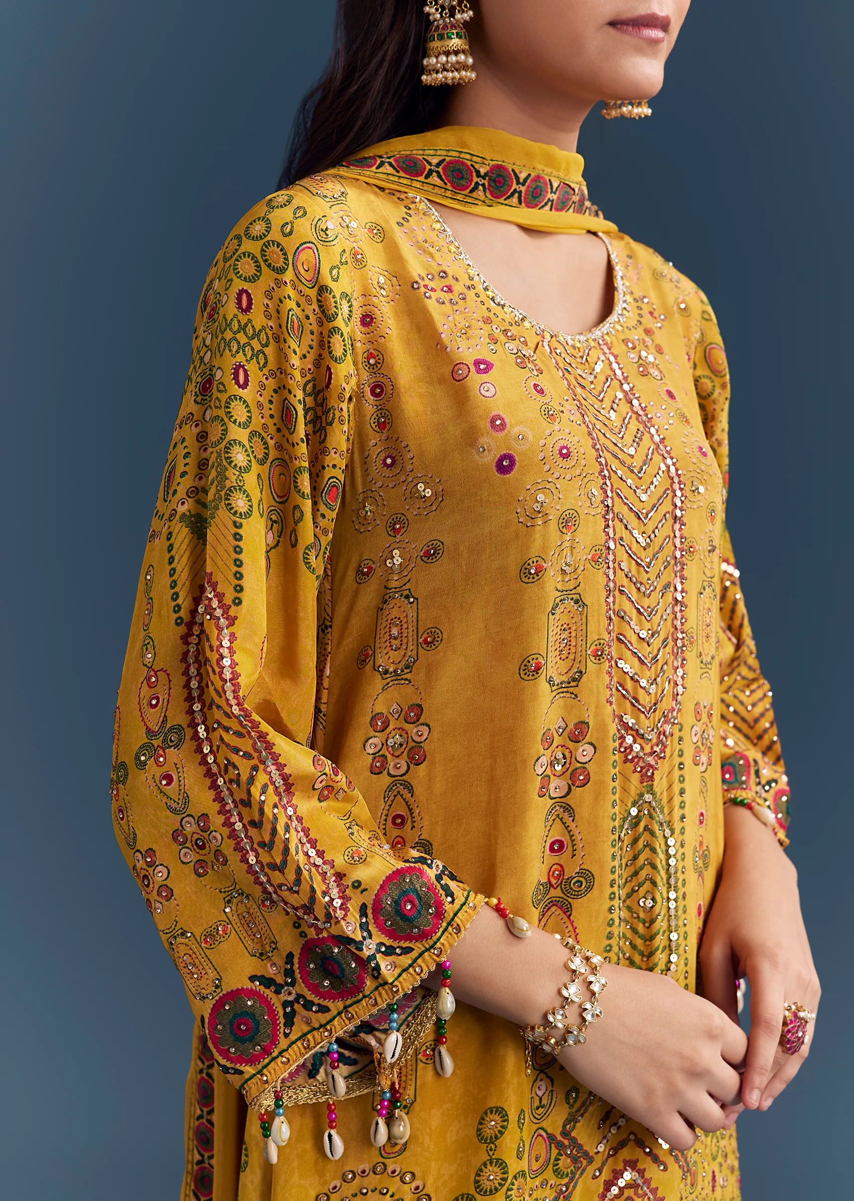 Sunshine Yellow Twin Ensemble – Crepe Sequin Kurta Set For Her And Yellow Kurta Jacket Set For Him - Image 2