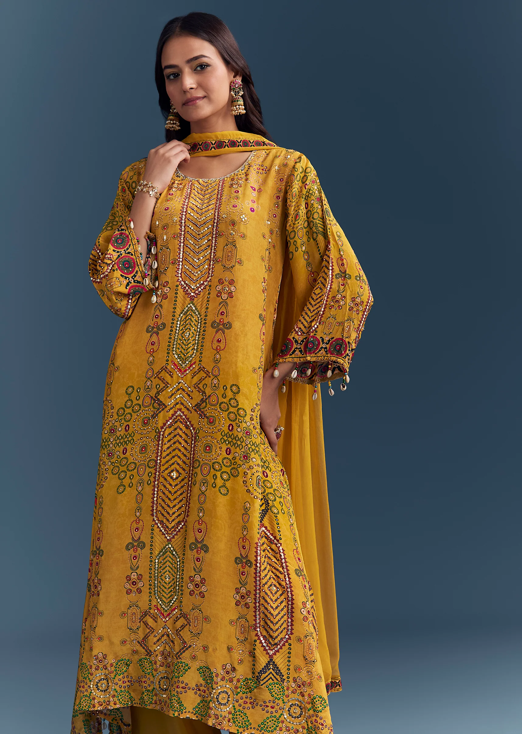 Sunshine Yellow Twin Ensemble – Crepe Sequin Kurta Set For Her And Yellow Kurta Jacket Set For Him - Image 3