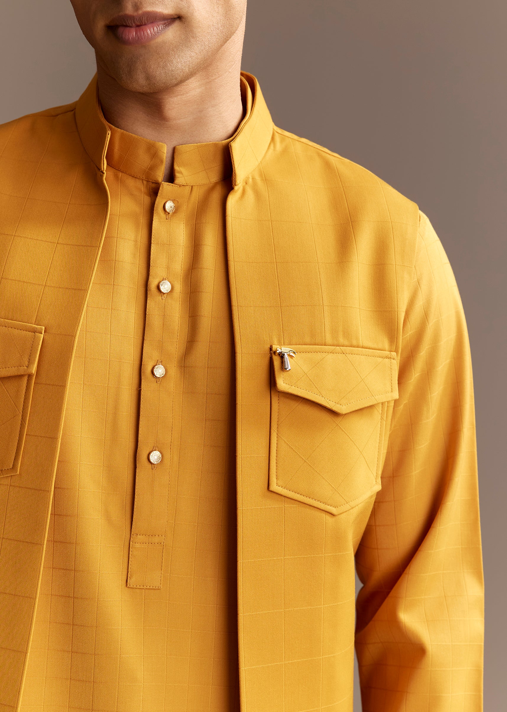 Sunshine Yellow Twin Ensemble – Crepe Sequin Kurta Set For Her And Yellow Kurta Jacket Set For Him - Image 7