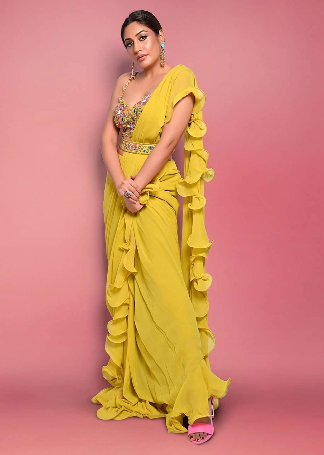 Citrus Ready To Wear Ruffle Saree With Multi-Color Floral Hand Embroidered Blouse - Image 4