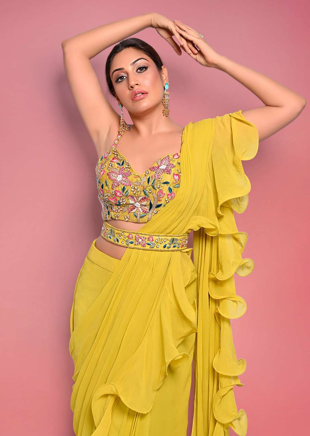 Citrus Ready To Wear Ruffle Saree With Multi-Color Floral Hand Embroidered Blouse - Image 5