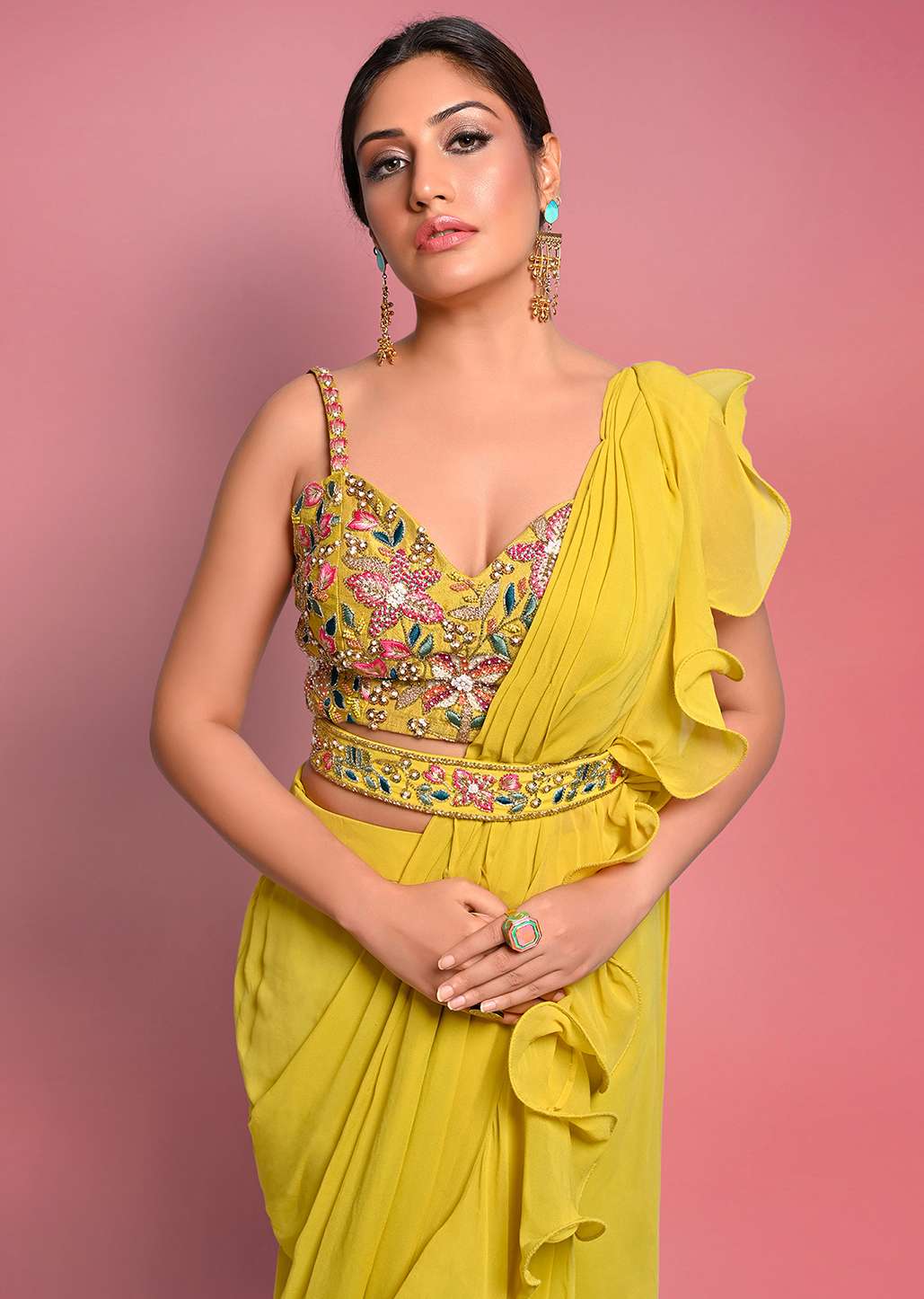 Citrus Ready To Wear Ruffle Saree With Multi-Color Floral Hand Embroidered Blouse - Image 6