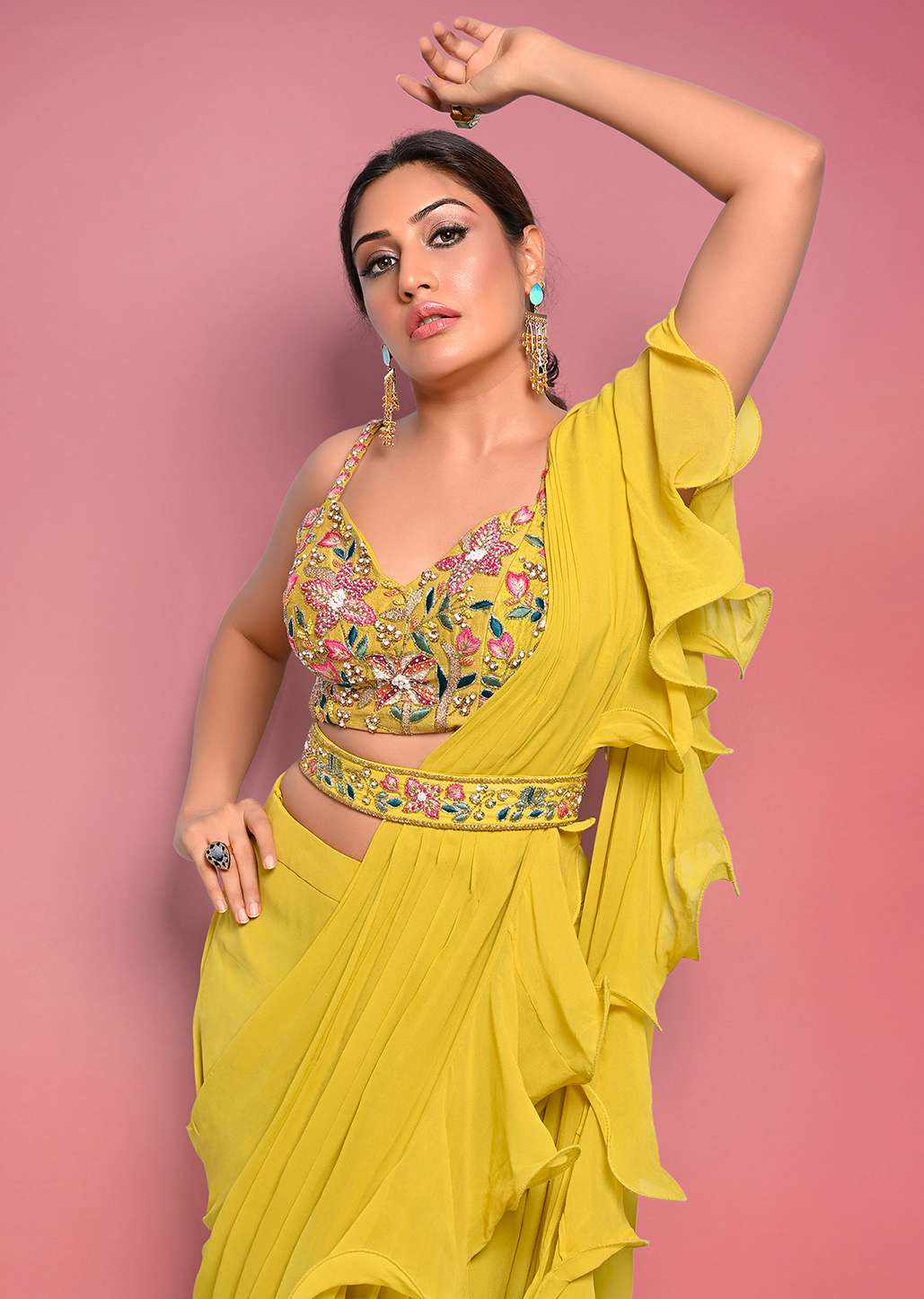 Citrus Ready To Wear Ruffle Saree With Multi-Color Floral Hand Embroidered Blouse - Image 7
