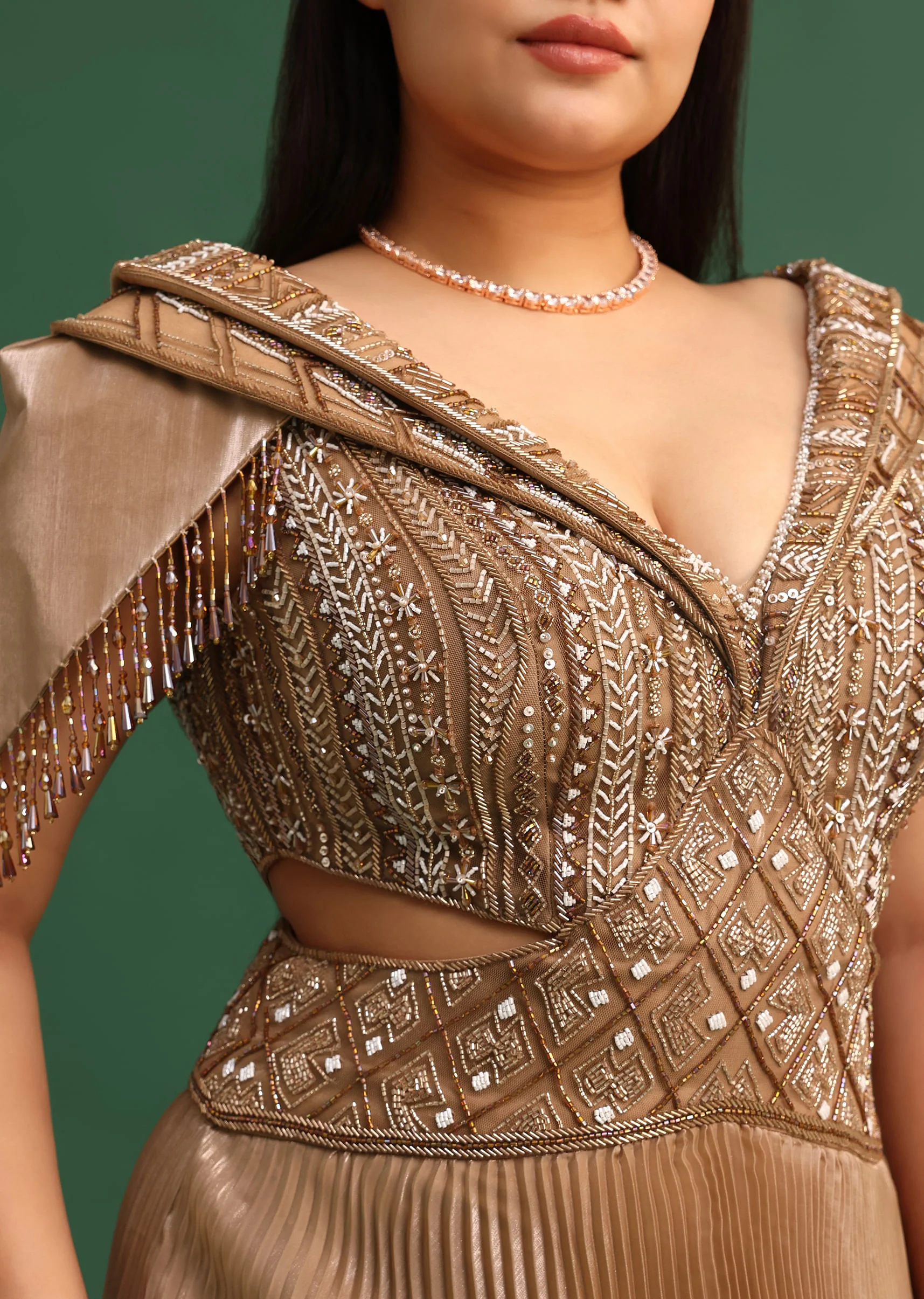 Tan Brown Pleated Circular Embroidered Gown - Image 2