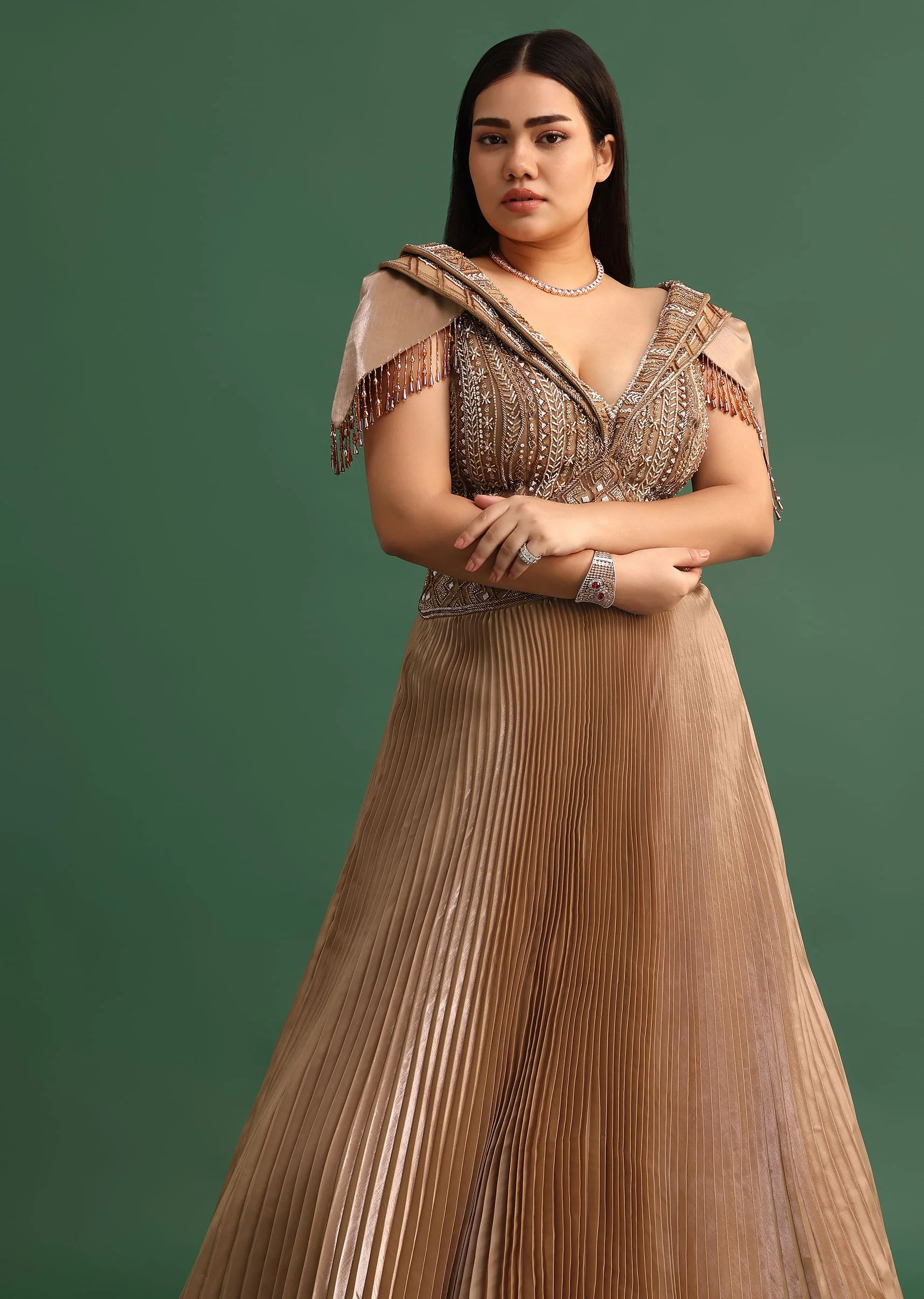 Tan Brown Pleated Circular Embroidered Gown - Image 5