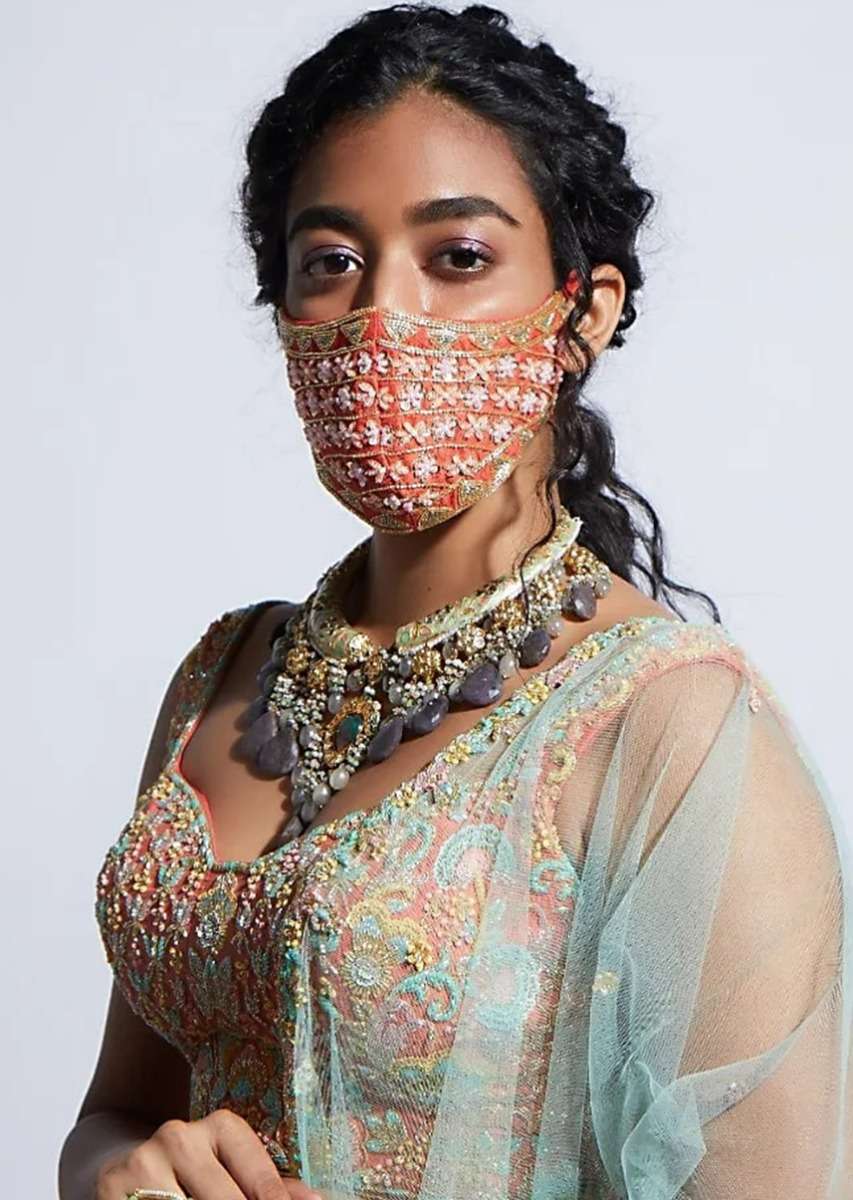 Tangerine Orange Face Mask With Sequins And Cut Dana Embroidered Buttis Online - Kalki Fashion
