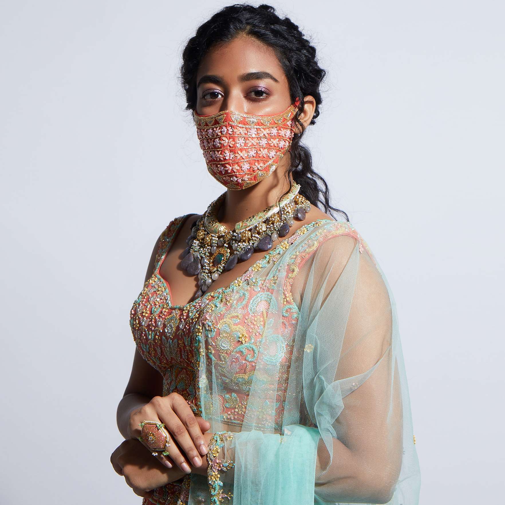 Tangerine Orange Face Mask With Sequins And Cut Dana Embroidered Buttis Online - Kalki Fashion - Image 2