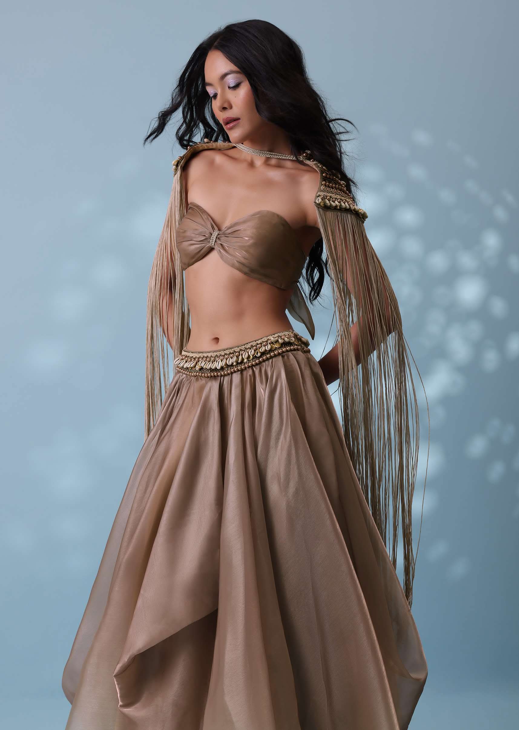 Taupe Brown Embroidered Cowl Lehenga And Cape Blouse In Shimmer Organza - Image 2