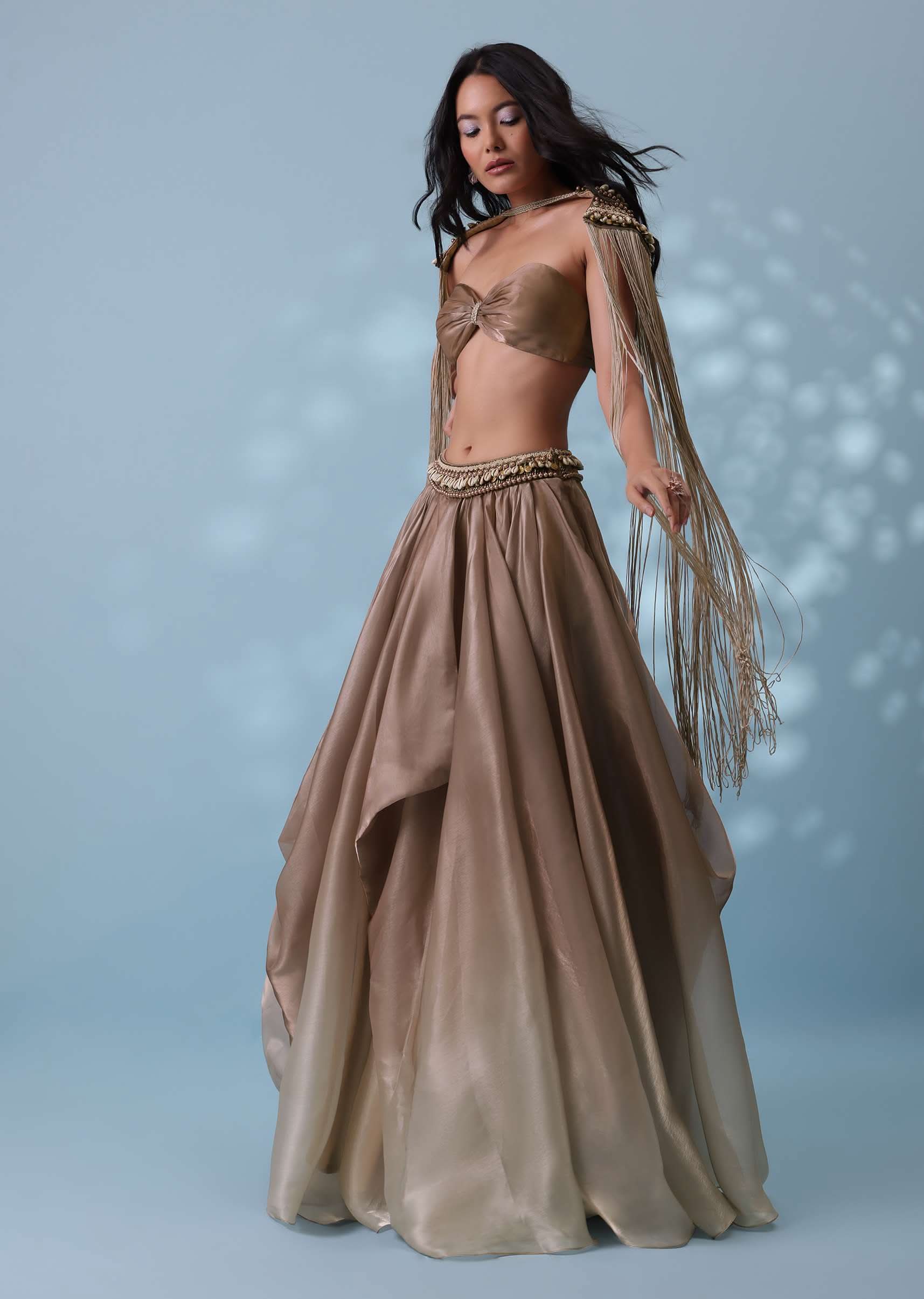 Taupe Brown Embroidered Cowl Lehenga And Cape Blouse In Shimmer Organza - Image 3