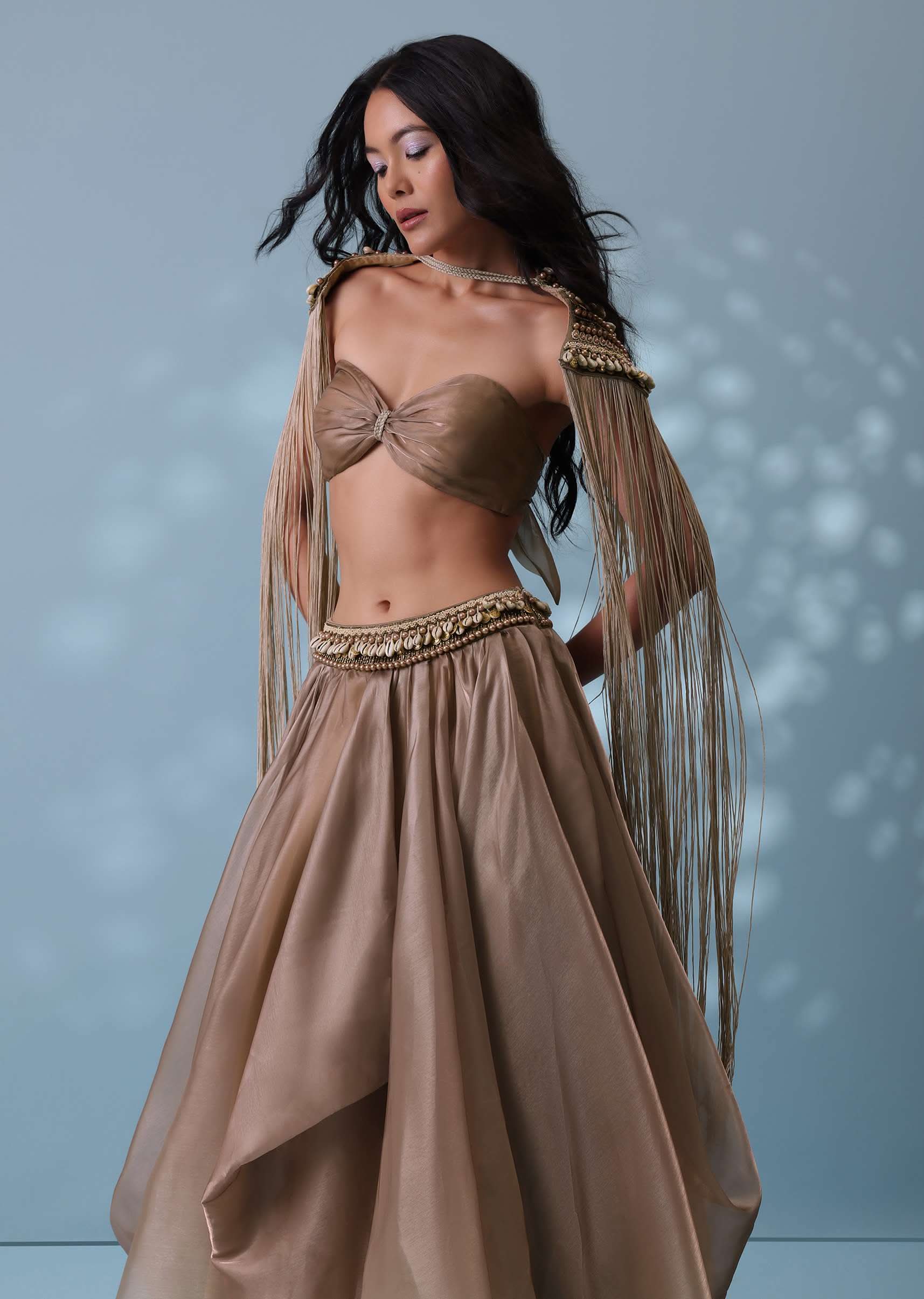Taupe Brown Embroidered Cowl Lehenga And Cape Blouse In Shimmer Organza - Image 4