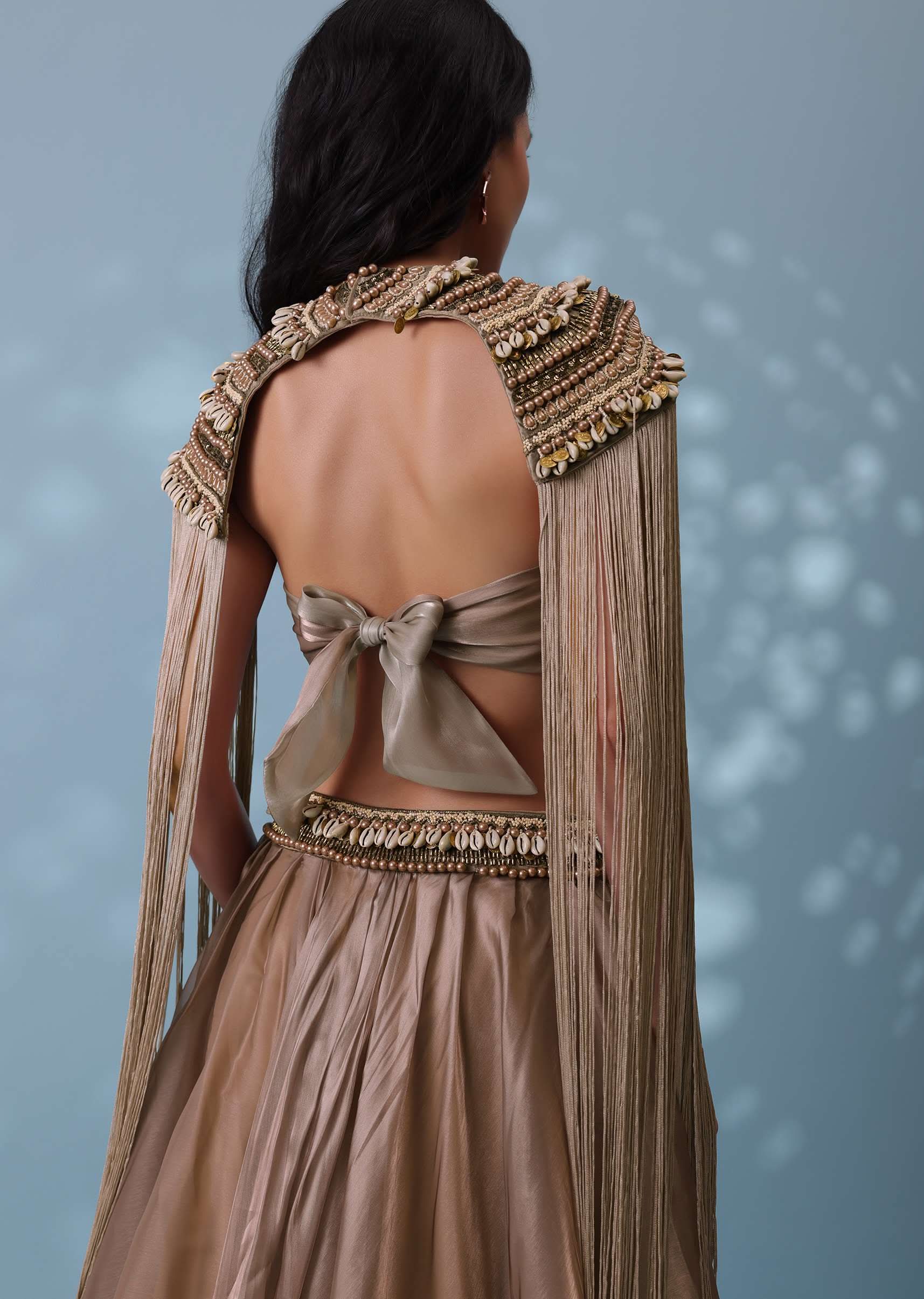 Taupe Brown Embroidered Cowl Lehenga And Cape Blouse In Shimmer Organza - Image 7