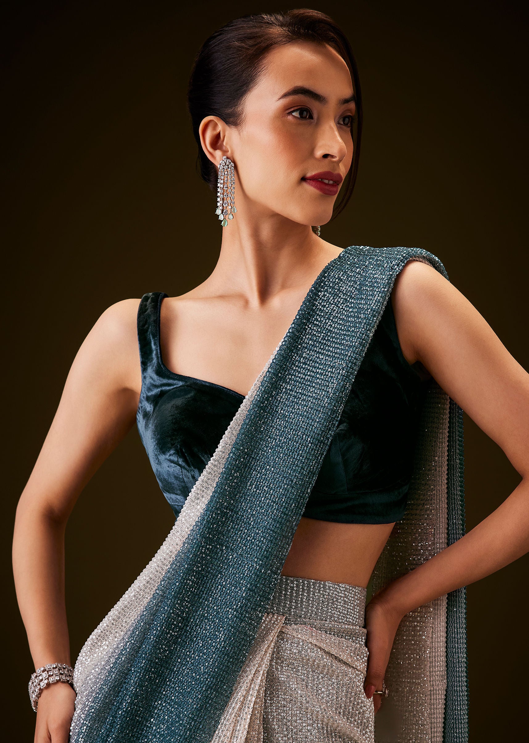 Teal And Cream Ombre Sequin Velvet Saree - Image 2