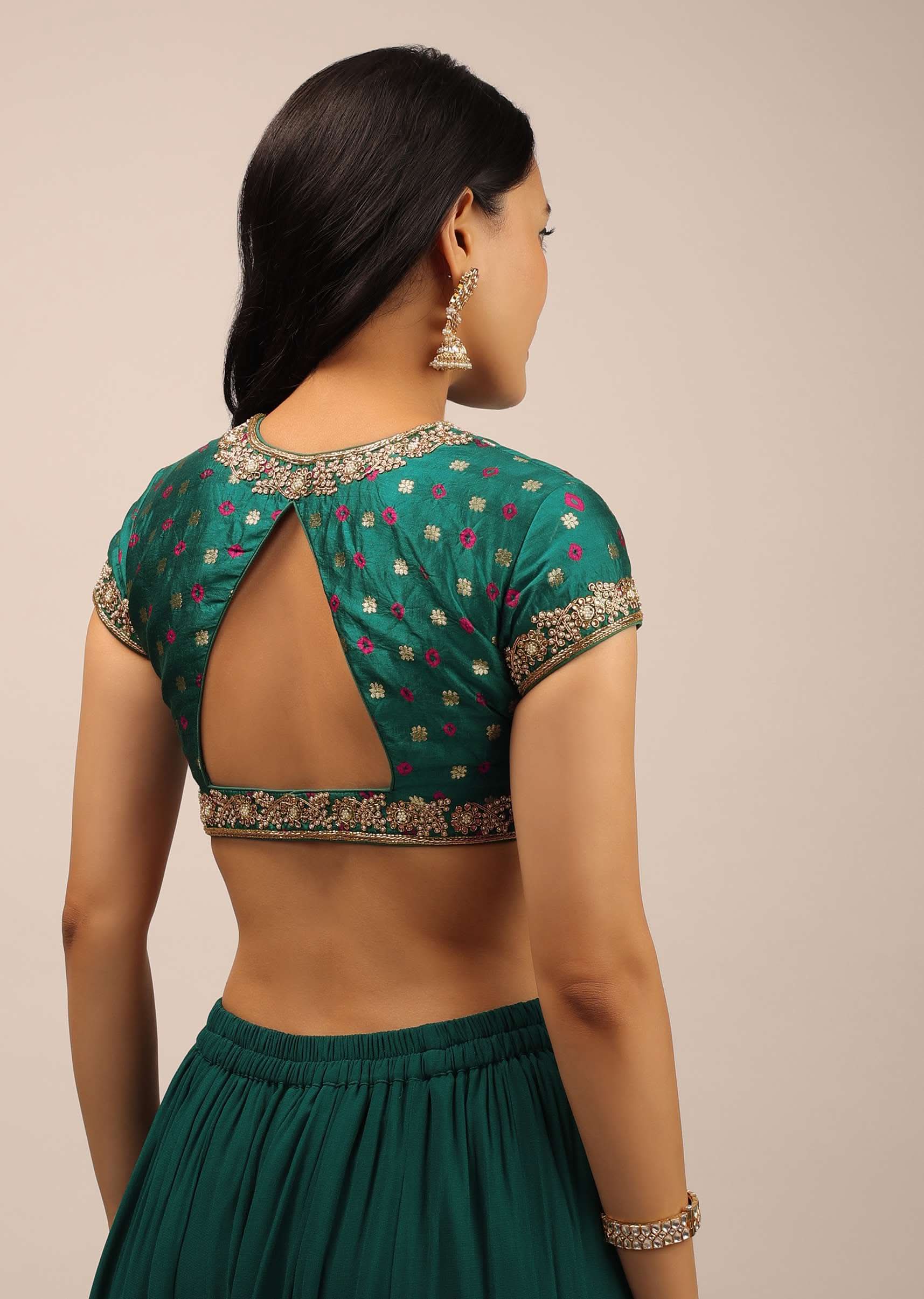Teal Blouse In Brocade With Woven Buttis, Bandhani And Zardosi Embroidery - Image 3