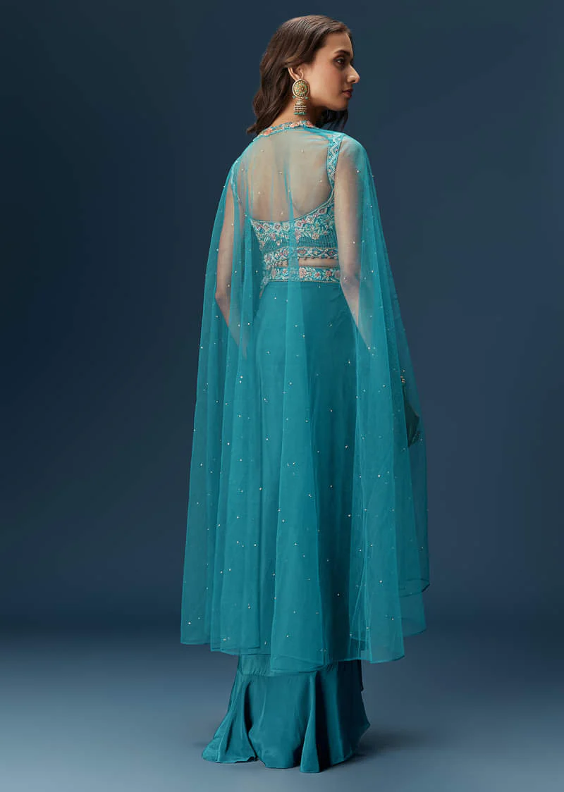 Teal Blue Dhoti Skirt Set With Embroidered Blouse And Net Dupatta - Image 3
