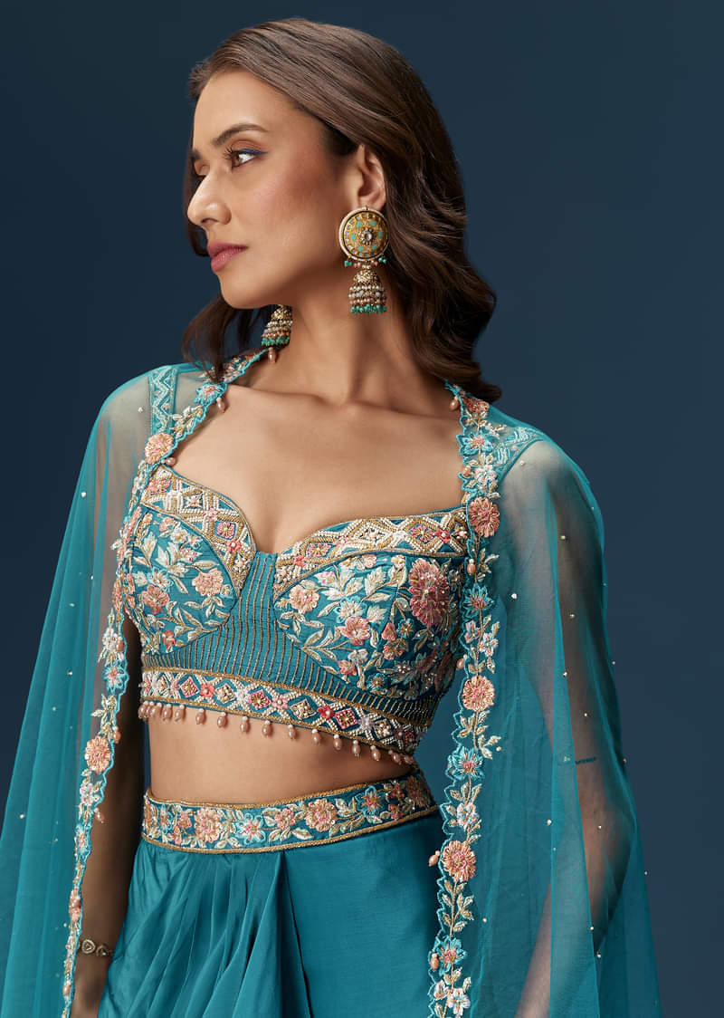 Teal Blue Dhoti Skirt Set With Embroidered Blouse And Net Dupatta - Image 4