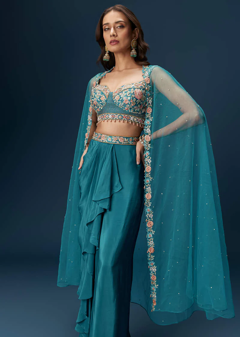 Teal Blue Dhoti Skirt Set With Embroidered Blouse And Net Dupatta - Image 5