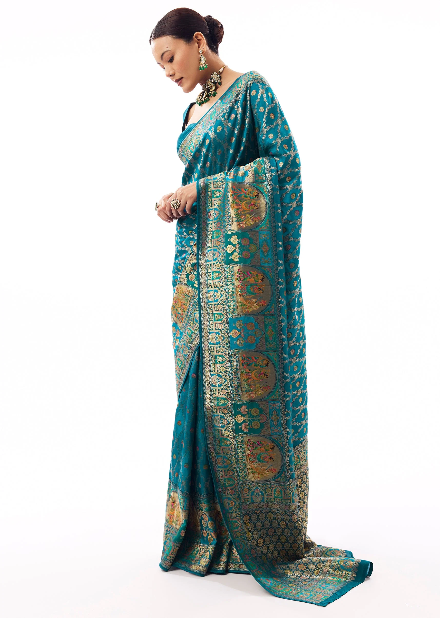 Teal Blue Dola Silk Zari Woven Saree - Image 3