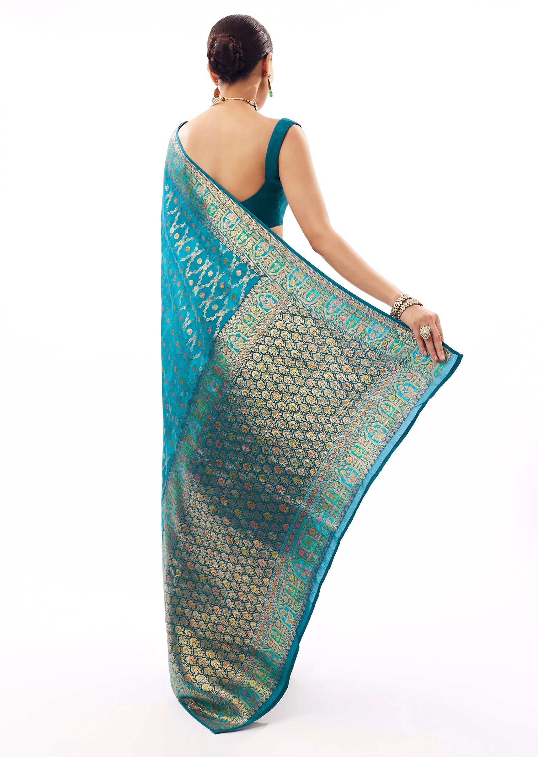 Teal Blue Dola Silk Zari Woven Saree - Image 4