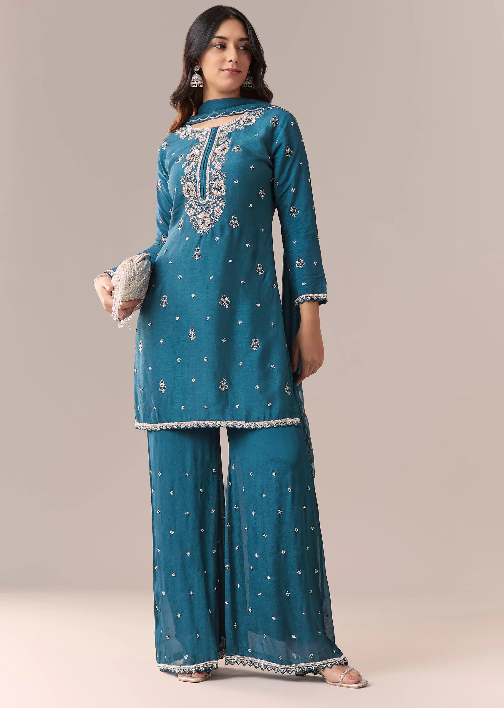 Teal Blue Embellished Palazzo Suit Set With Dupatta