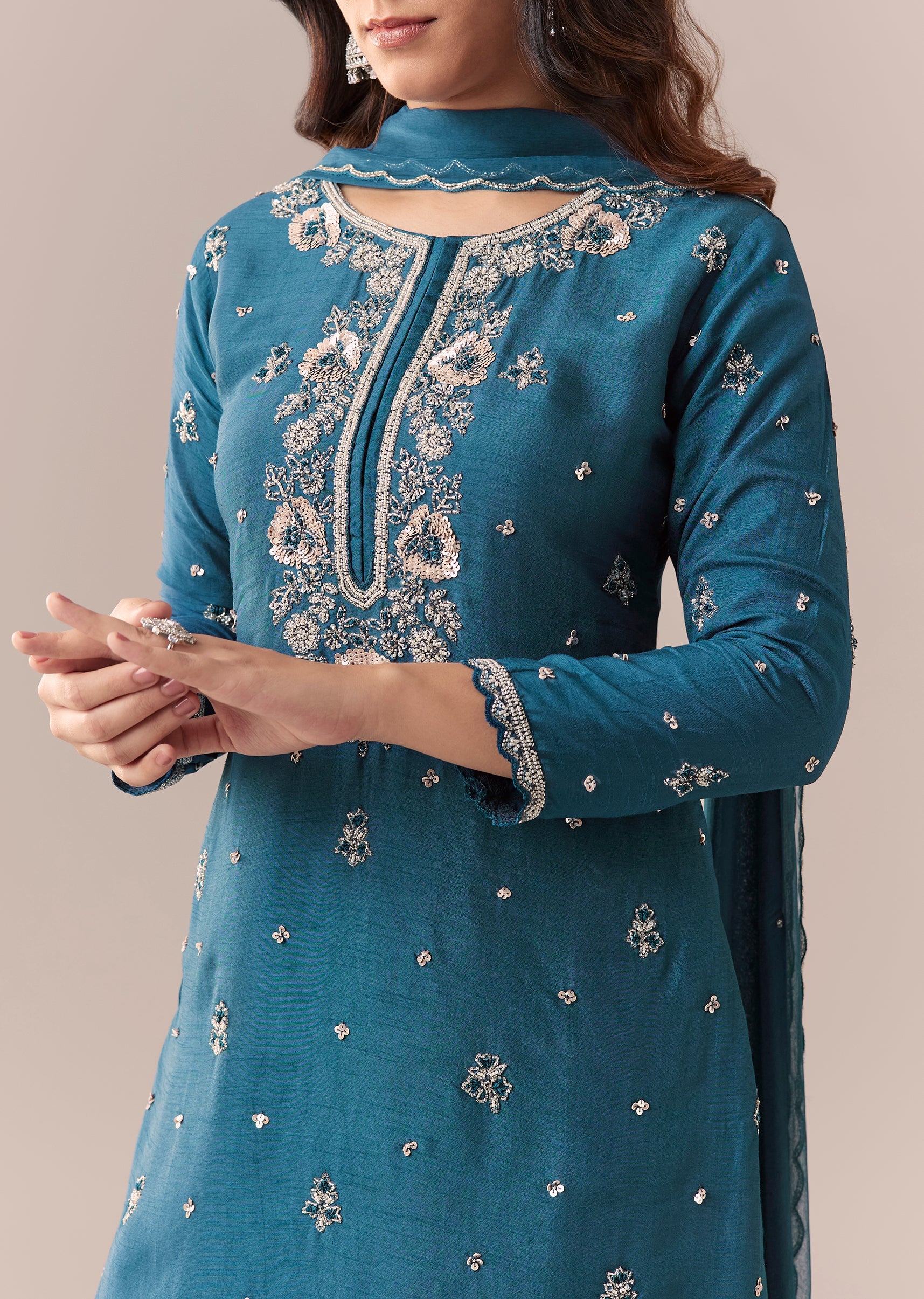 Teal Blue Embellished Palazzo Suit Set With Dupatta - Image 2