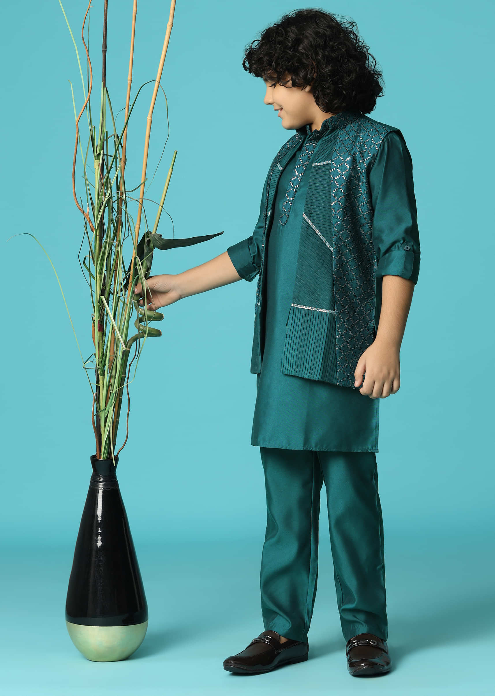 Teal Blue Embroidered Silk Kurta Jacket Set For Boys - Image 3
