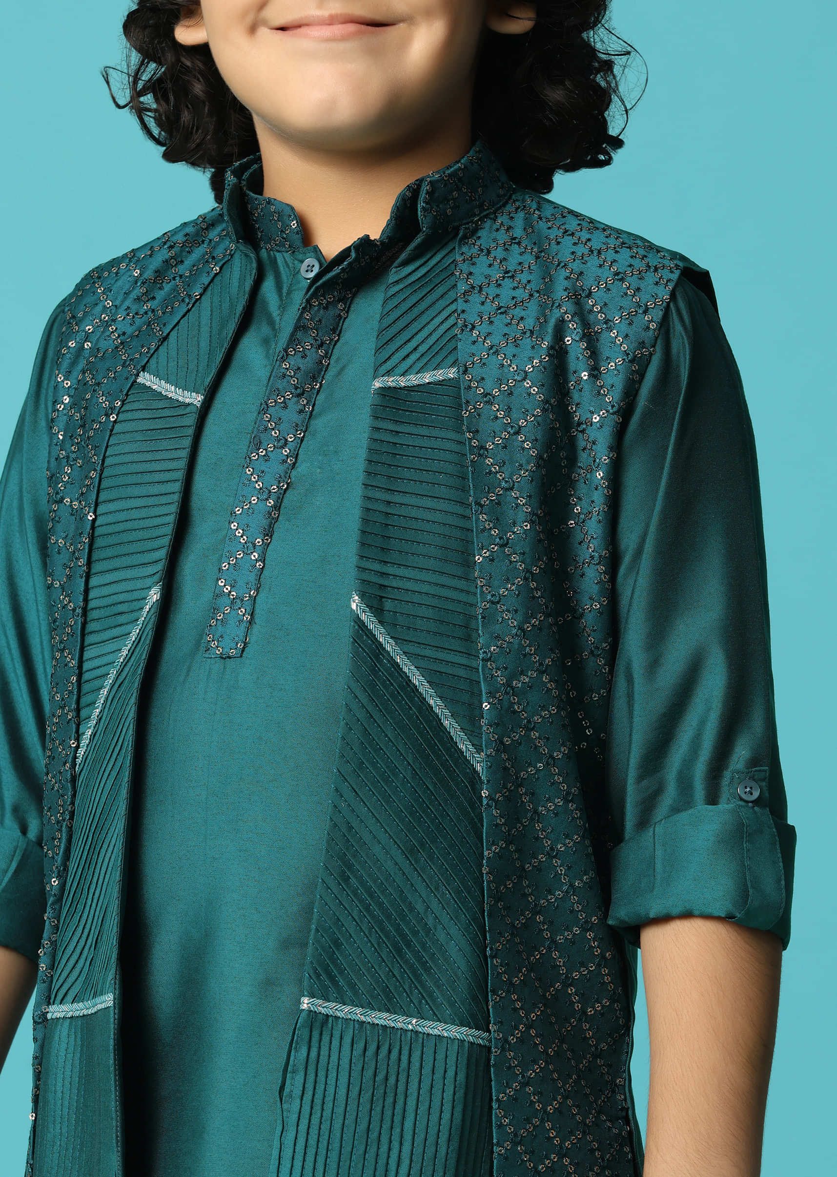 Teal Blue Embroidered Silk Kurta Jacket Set For Boys - Image 4