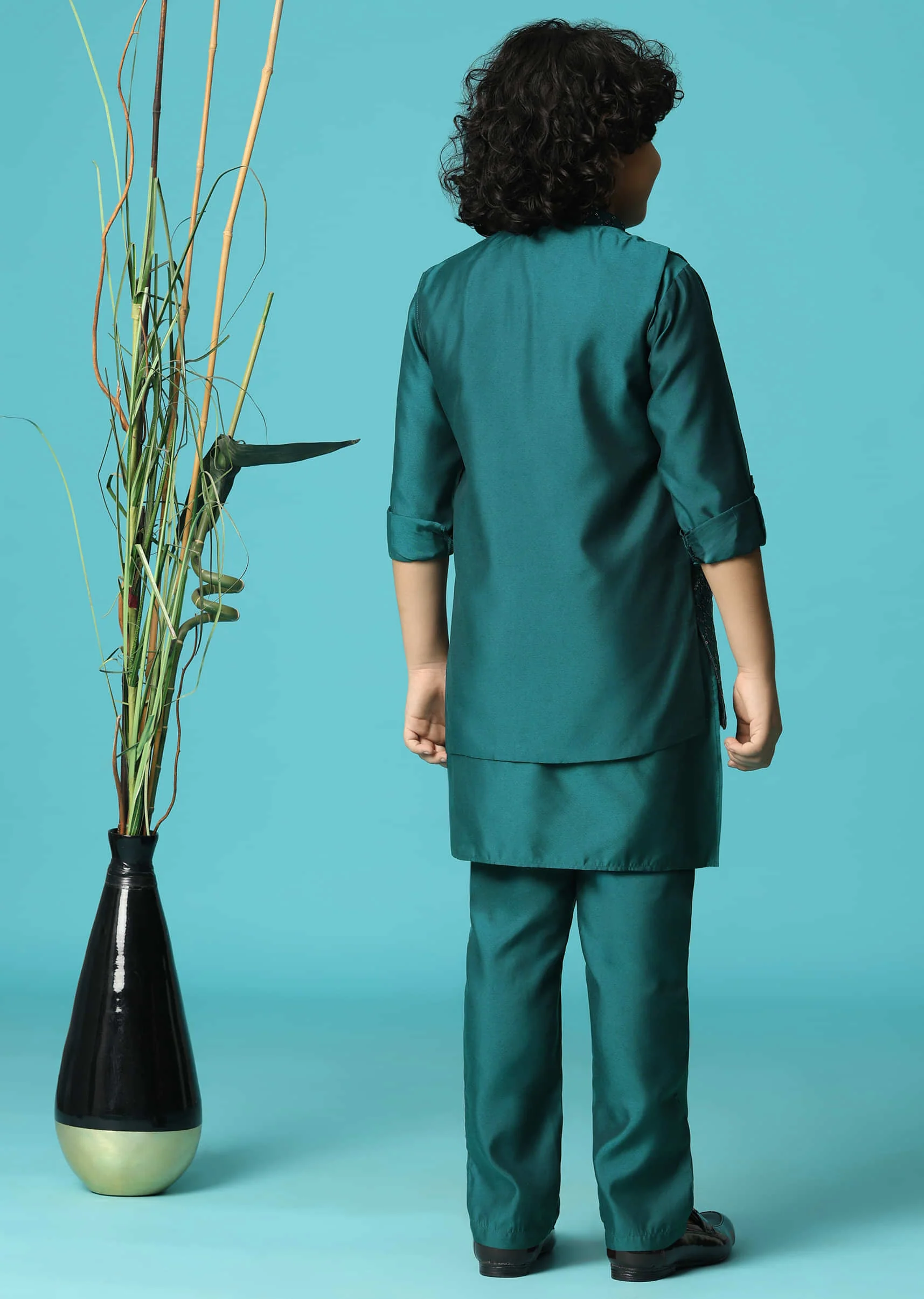 Teal Blue Embroidered Silk Kurta Jacket Set For Boys - Image 5
