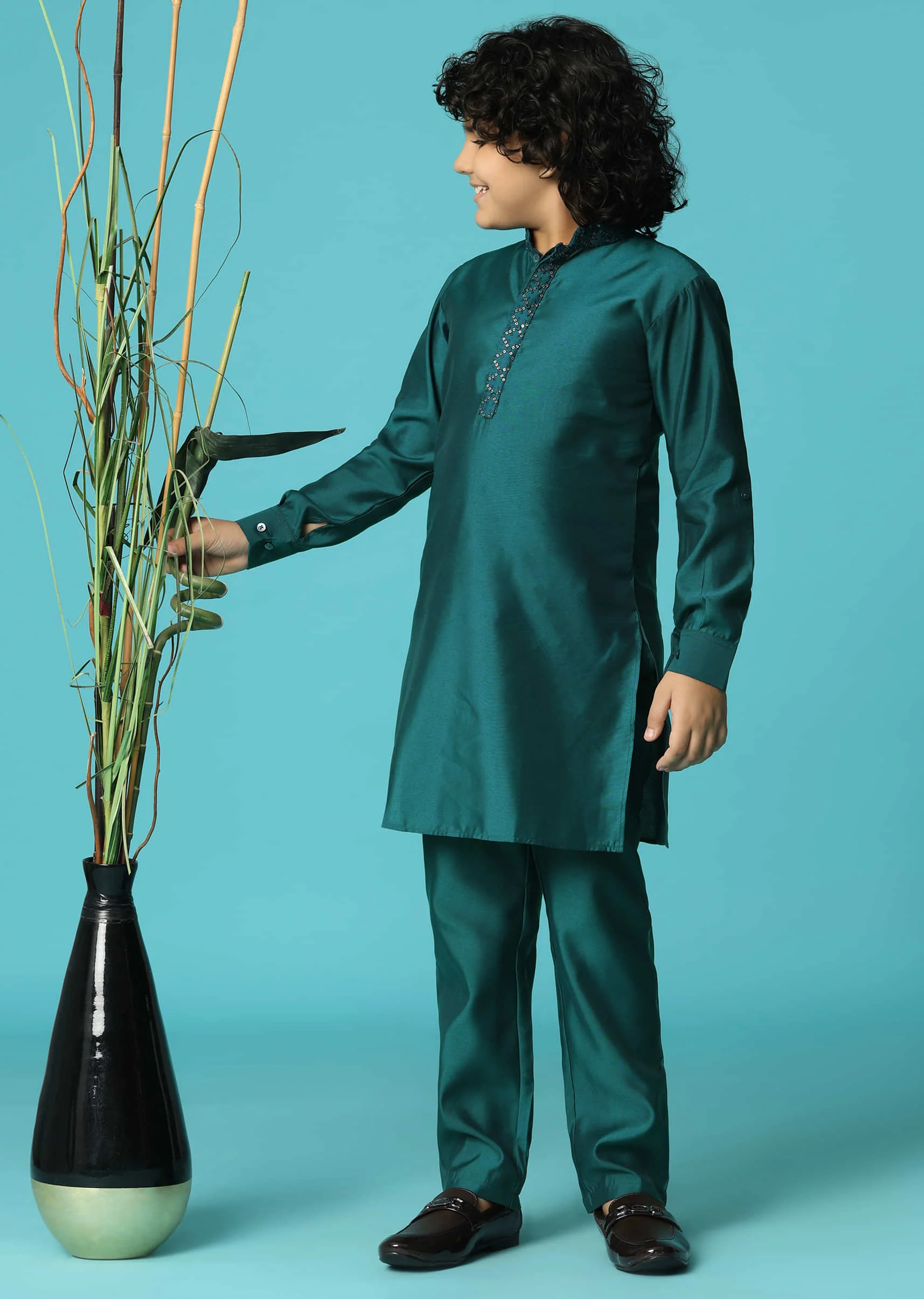 Teal Blue Embroidered Silk Kurta Jacket Set For Boys - Image 6