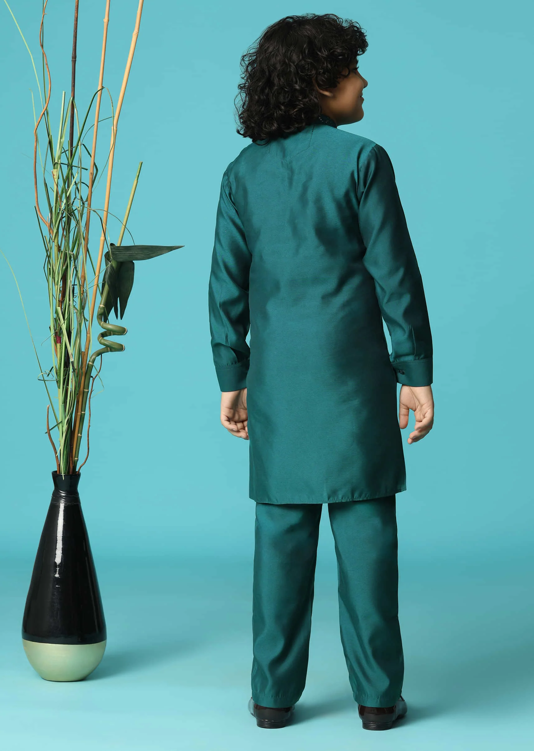 Teal Blue Embroidered Silk Kurta Jacket Set For Boys - Image 7