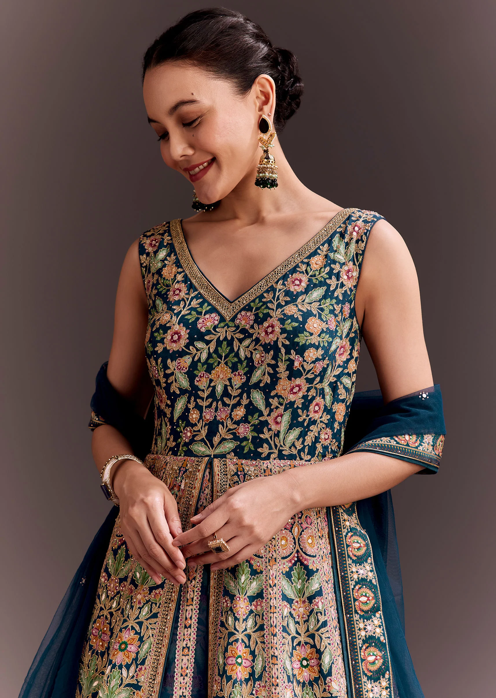 Teal Blue Floral Embroidered Anarkali With Net Dupatta - Image 2