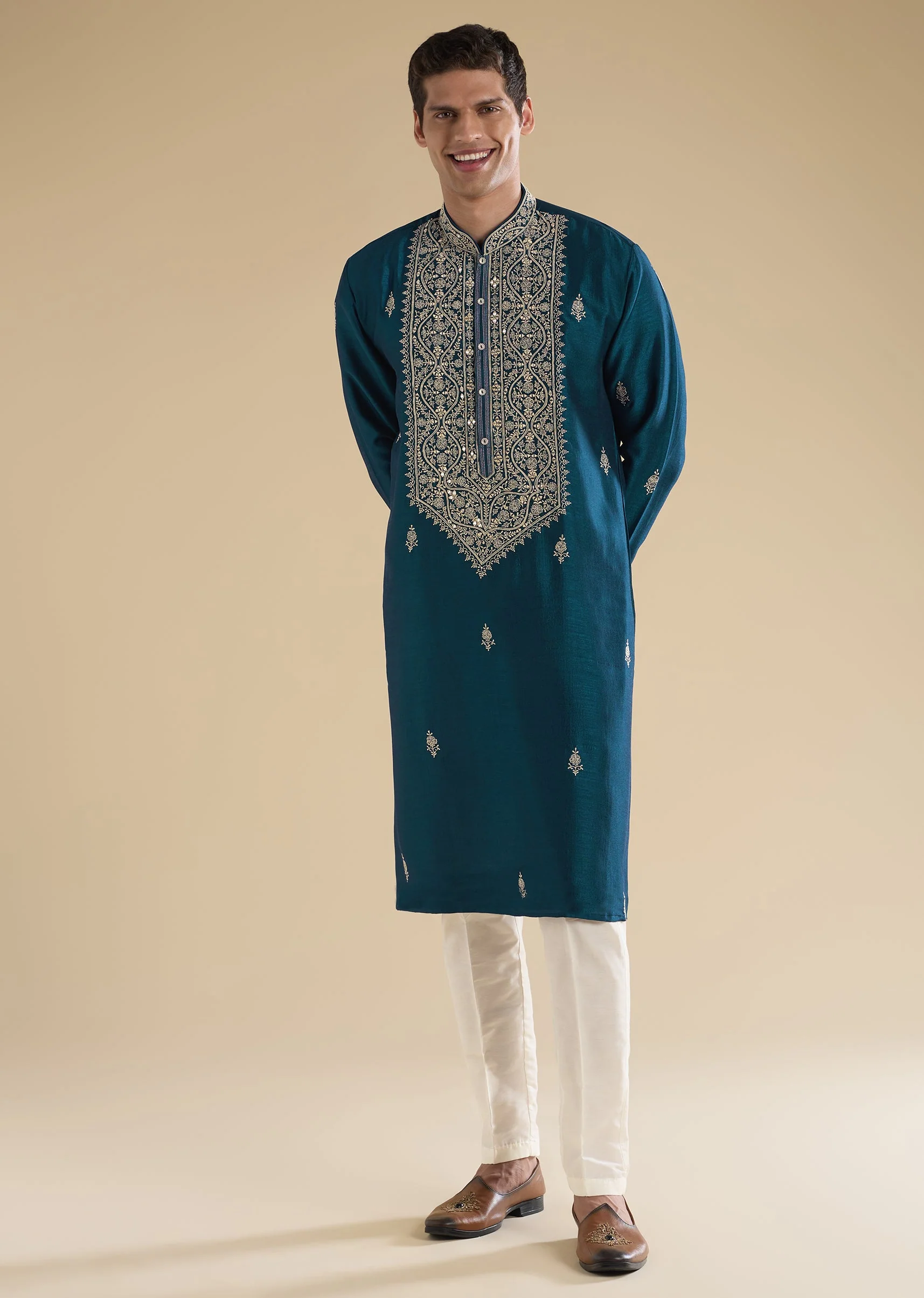 Teal Blue Mirror Detail Kurta Set - Image 4