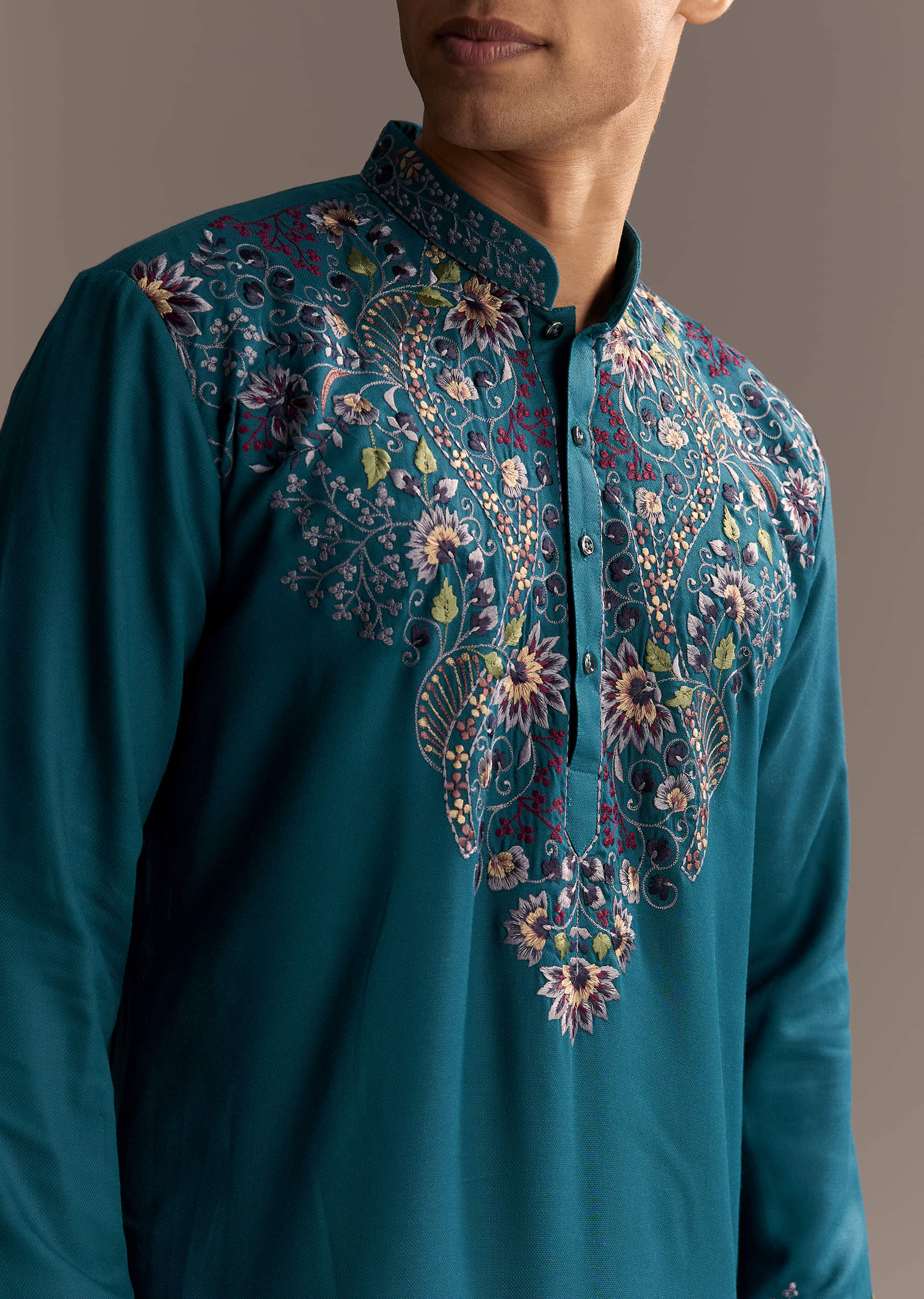 Teal Blue Modal Kurta Set For Men With Floral Resham Embroidery - Image 2