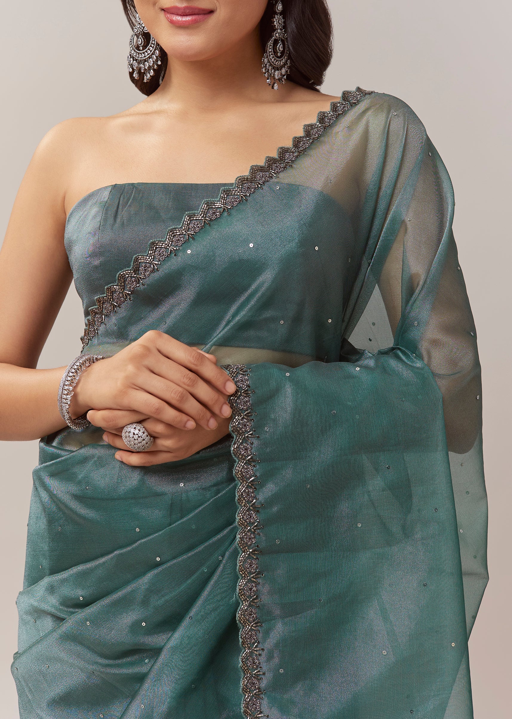 Teal Blue Net Saree With Zigzag Cutwork Border And Sequin Embroidery - Image 2