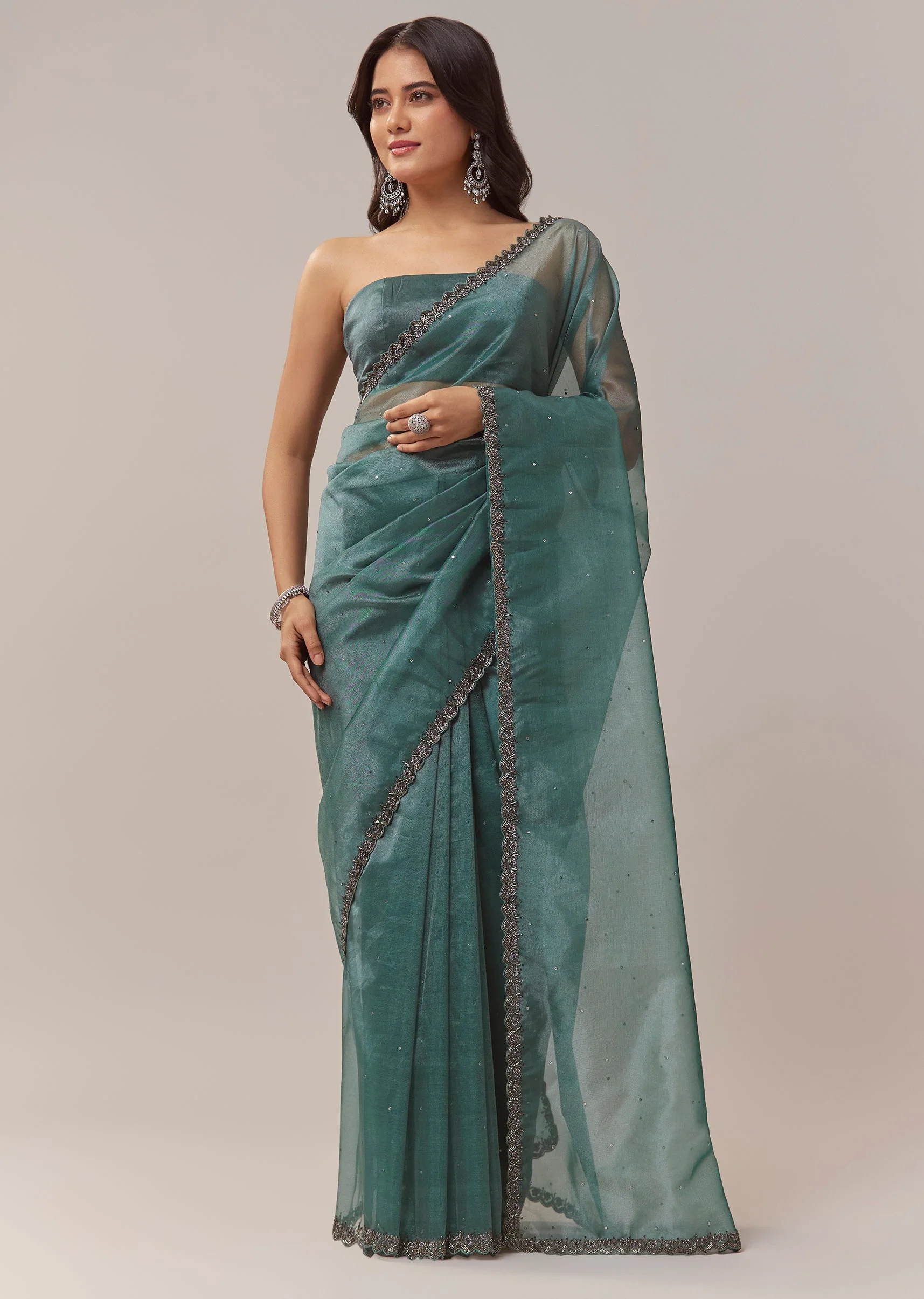 Teal Blue Net Saree With Zigzag Cutwork Border And Sequin Embroidery - Image 3