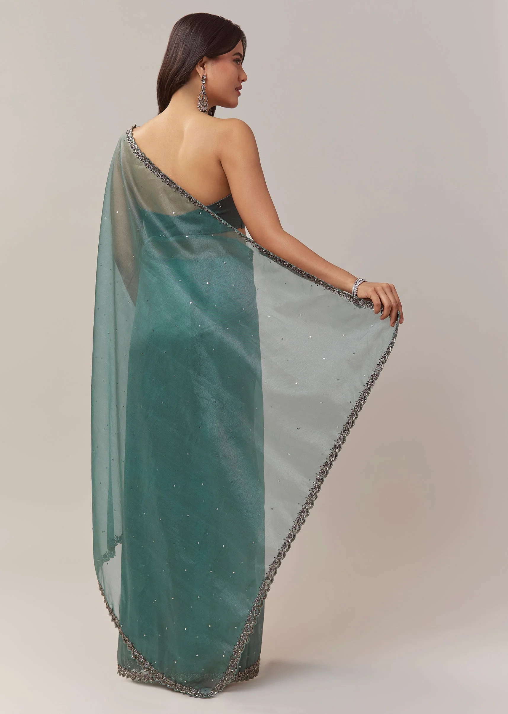 Teal Blue Net Saree With Zigzag Cutwork Border And Sequin Embroidery - Image 4